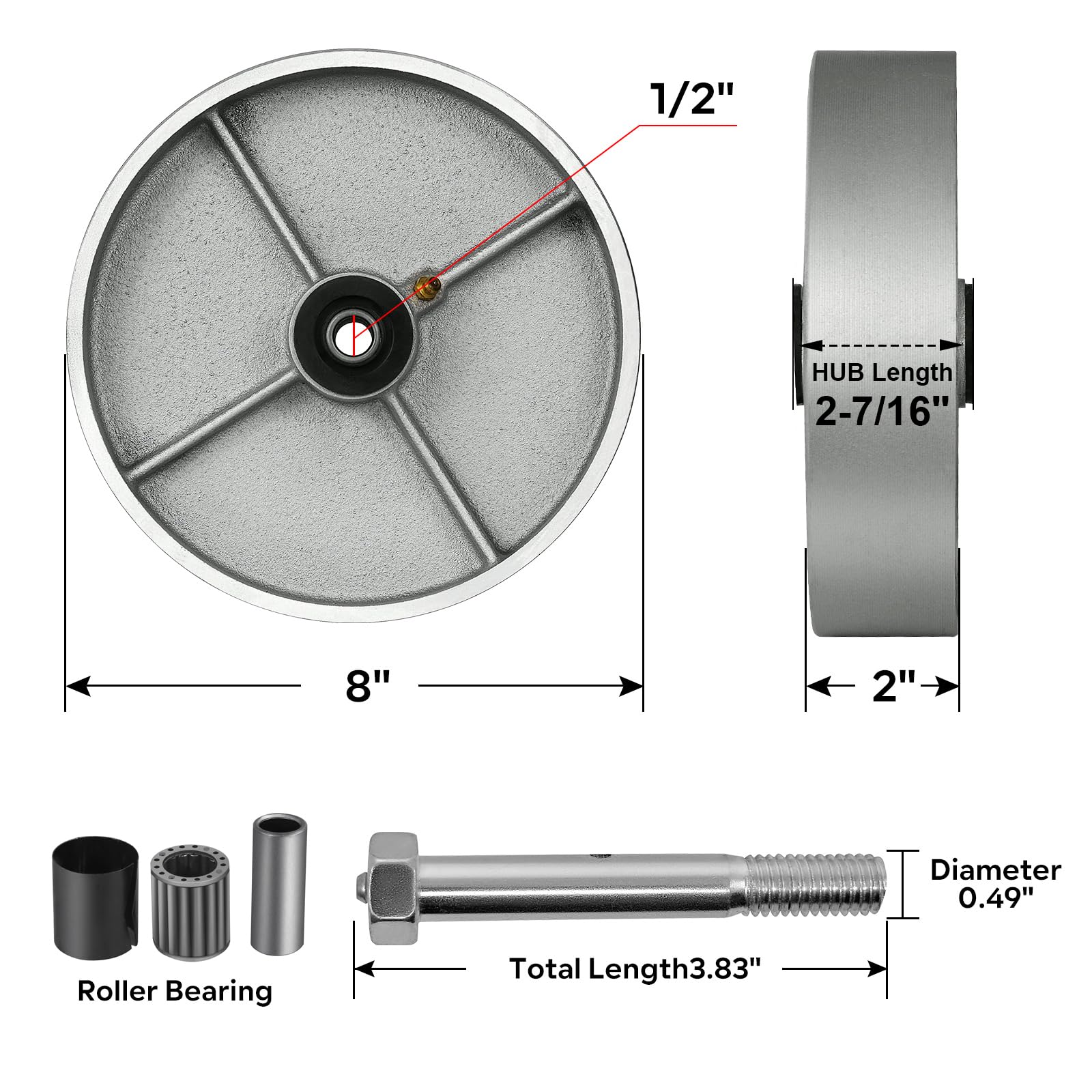 Ruote girevoli industriali da 20,3 x 5,1 cm, in acciaio ghisa, resistenti fino a 589,7 kg, cuscinetto a rulli, foro da 1/2, ruota di ricambio per magazzini e costruzioni (confezione da 20)
