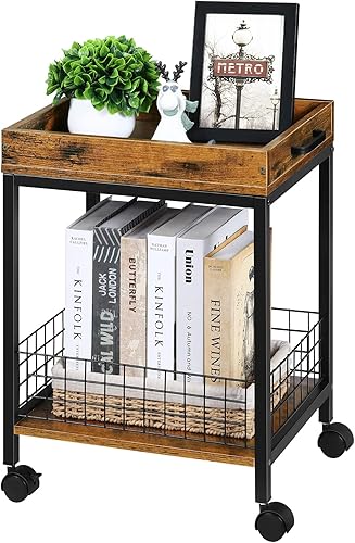 Mesa auxiliar con ruedas, mesa auxiliar con bandeja extraíble para servir, mesa auxiliar industrial retro, estante de almacenamiento, para sofá,