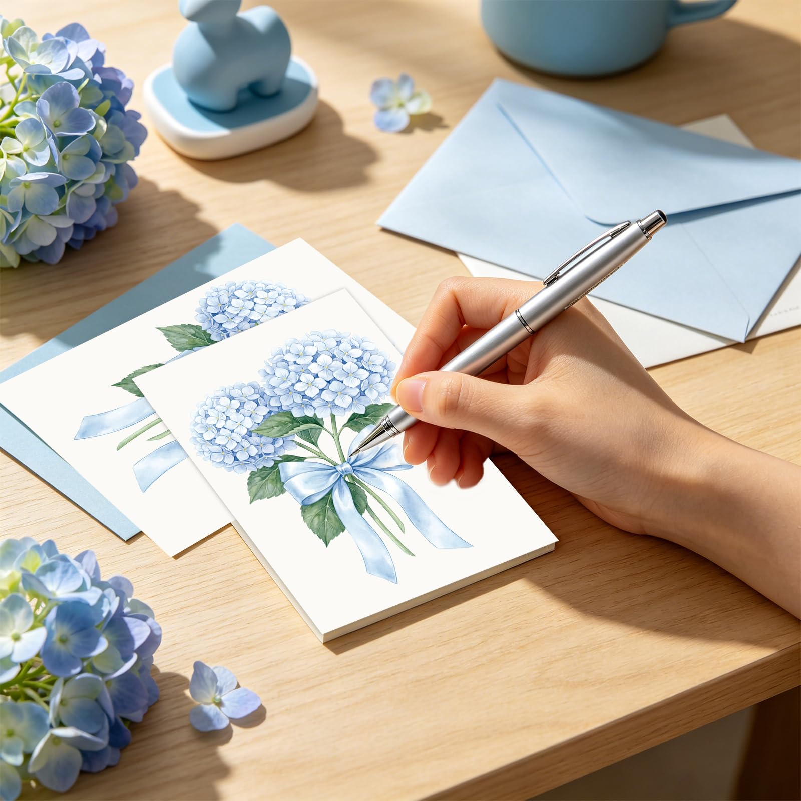 AnyDesign Confezione da 24 biglietti vuoti con fiori di ortensia, acquerello, floreali, con busta, adesivo, biglietti di auguri blu per inviti per feste estive primaverili, 10 x 15 cm