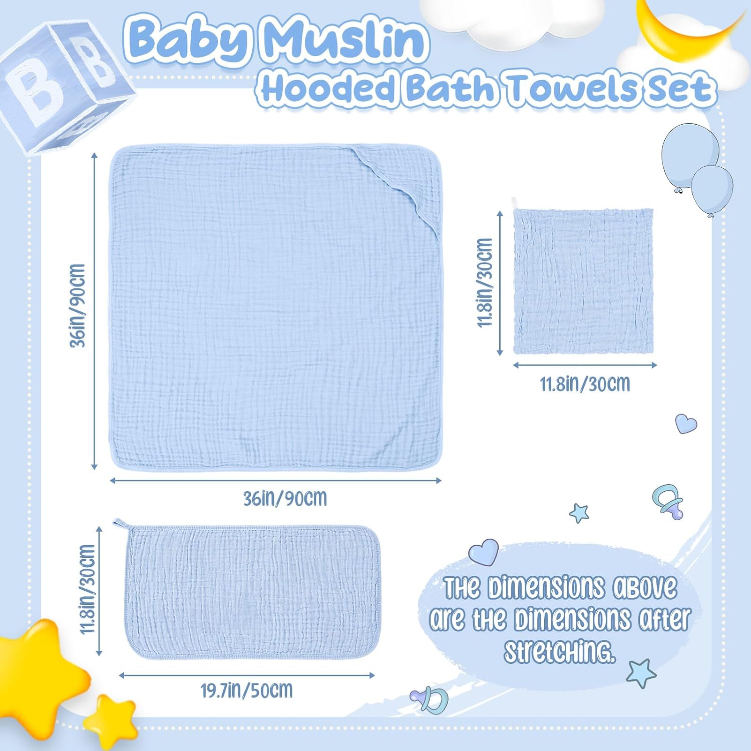 Breling 12 Pcs Muslin Hooded Baby Bath Towel Set, Light Blue Series image 2