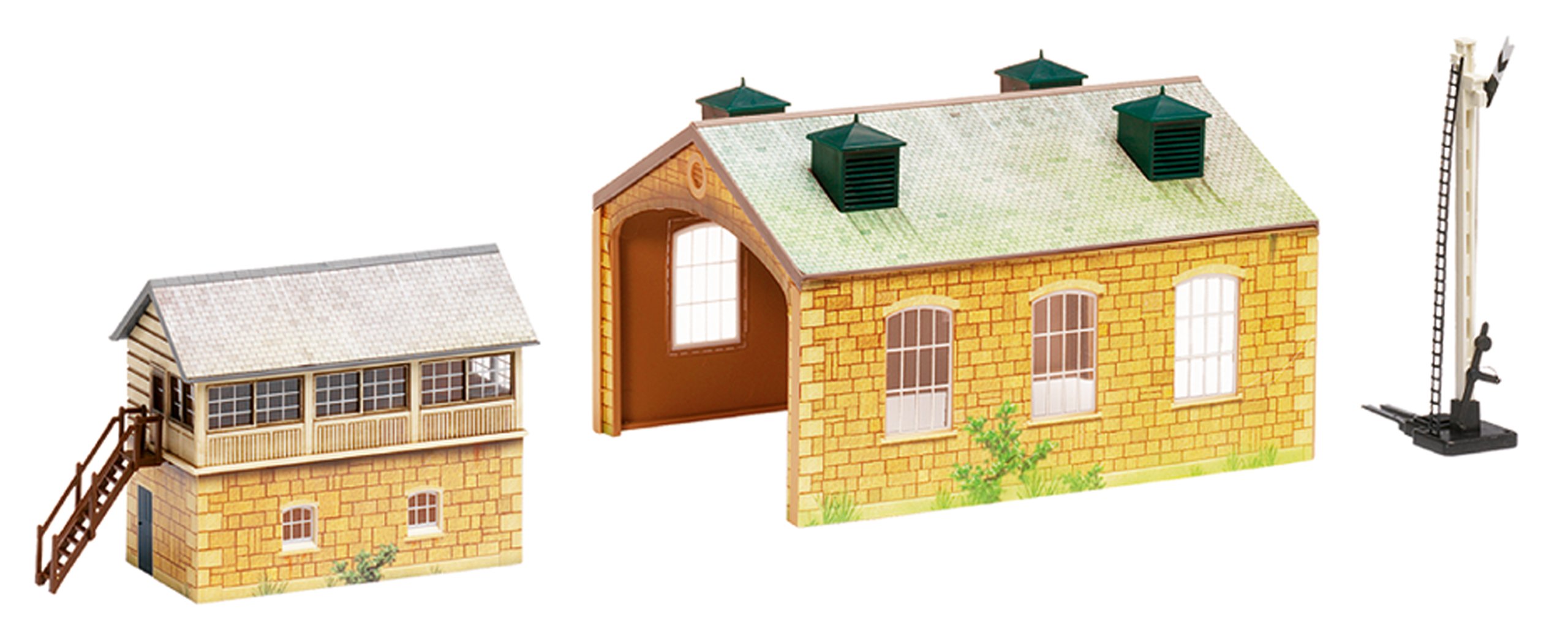 HornbyR8231 OO Gauge Building Extension Pack 5, Model Train Accessories For Adding Scenery & Buildings To 00 Gauge Model Railway, Includes: Engine Shed, Signal & Box Distant Signal - 1:76 Scale