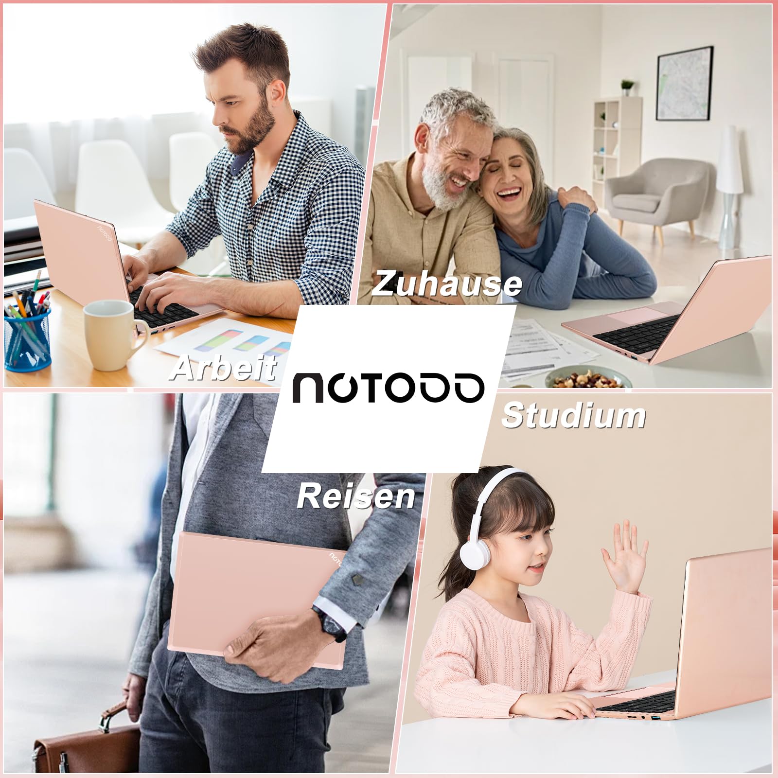 NOTODD 2026 Laptop 14 Zoll Win11 Pro 6GB DDR4 256GB SSD TF Unterstützung 1TB Celeron N4020 (bis 2.8GHz) Full Metal 5000mAh Notebook mit 1080P Mini HDMI Deutscher Tastaturschutz und kabellose Maus-Gold