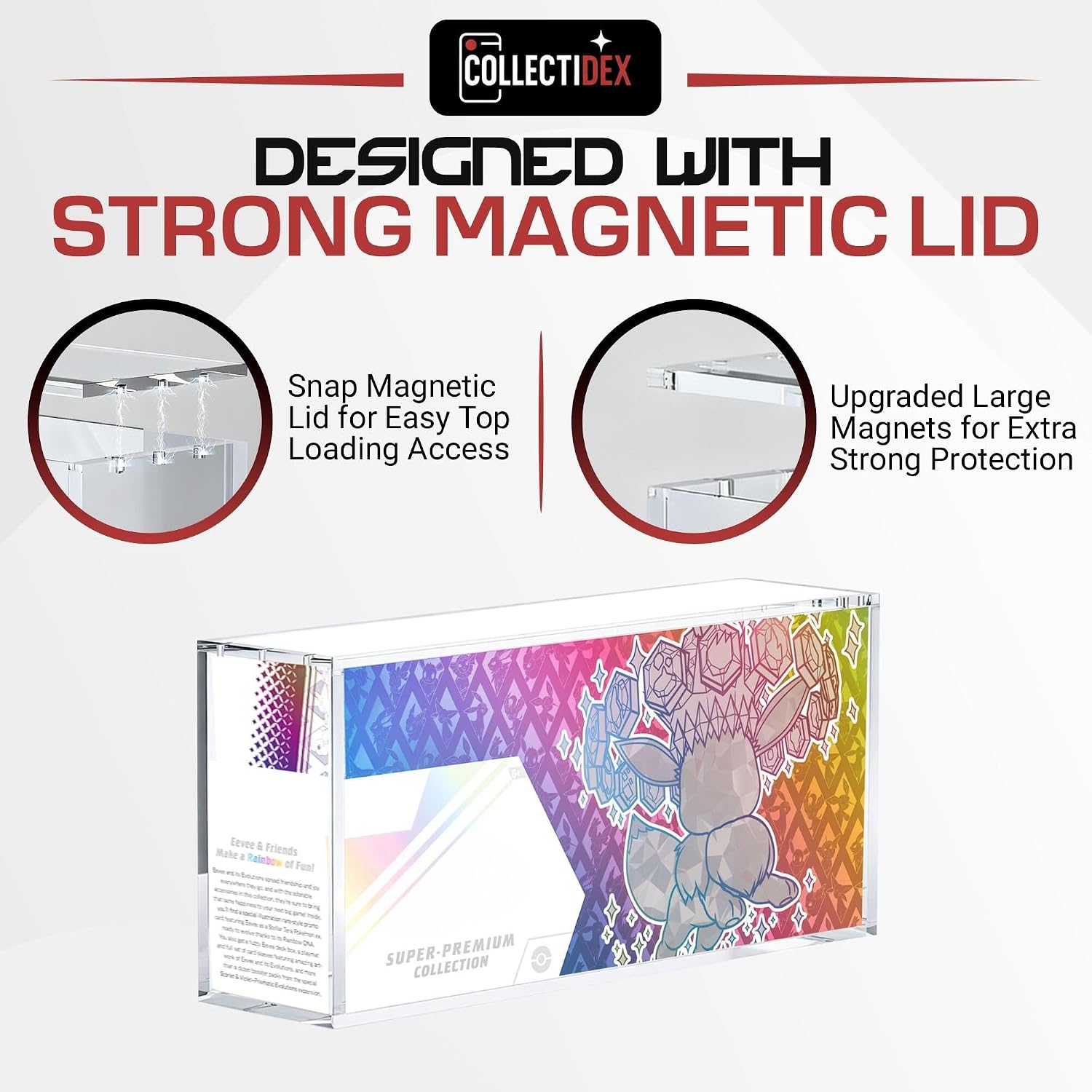 Prismatic Evolutions SPC Box Acrylic Display Case with Magnetic Lid - 8 + 5mm Thick Acrylic with 5x3mm Magnets - Compatible with Prismatic Evolutions Super-Premium Collection Box