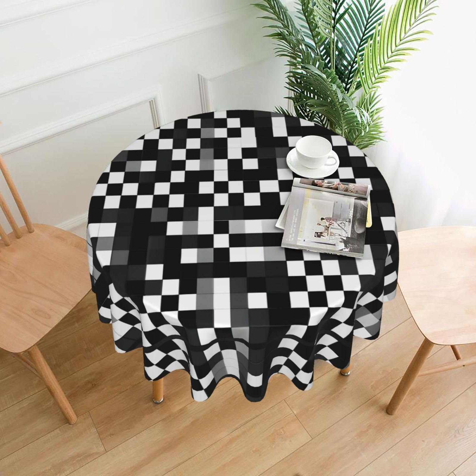 SDEGTHO Black White Formula Checkered Pattern Print Modern Retro Round Tablecloth 60in Polyester Fabric Cover for Party Dining Table Washable