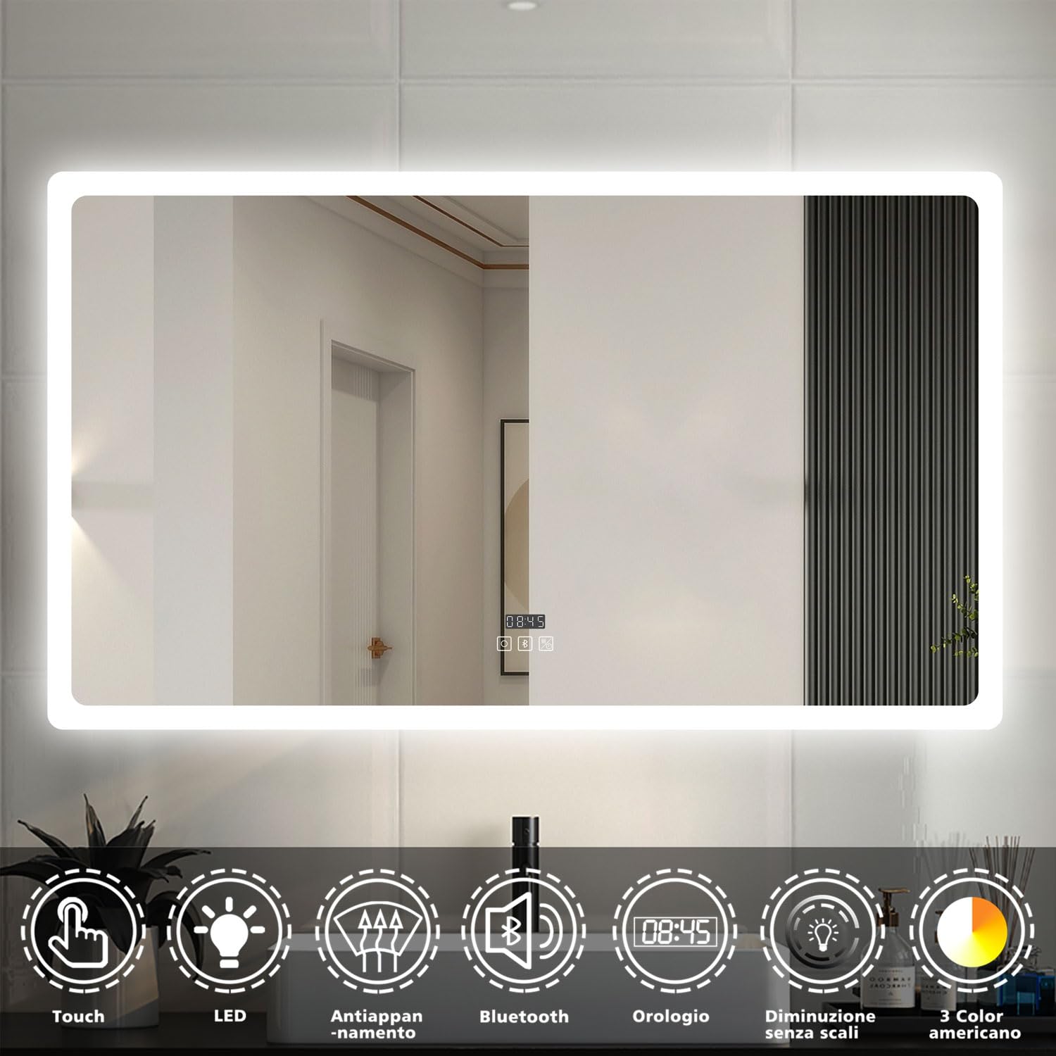 OCEAN ITALY Specchio Da Bagno LED Rettangolare 100×60cm,Controllo Touch/Parete,Luce Esterna 3 Temperature Colore, Dimmerabile e Antiappannamento,Orologio Digitale,Lente D'ingrandimento