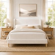 Kelway Queen Cloud Bed Frame, Upholstered Platform Queen Bed with Headboard | Soft Boucle Bed Frame Modern Bedframe, No Box Spring Needed Ivory Cream, Queen U.S. Standard