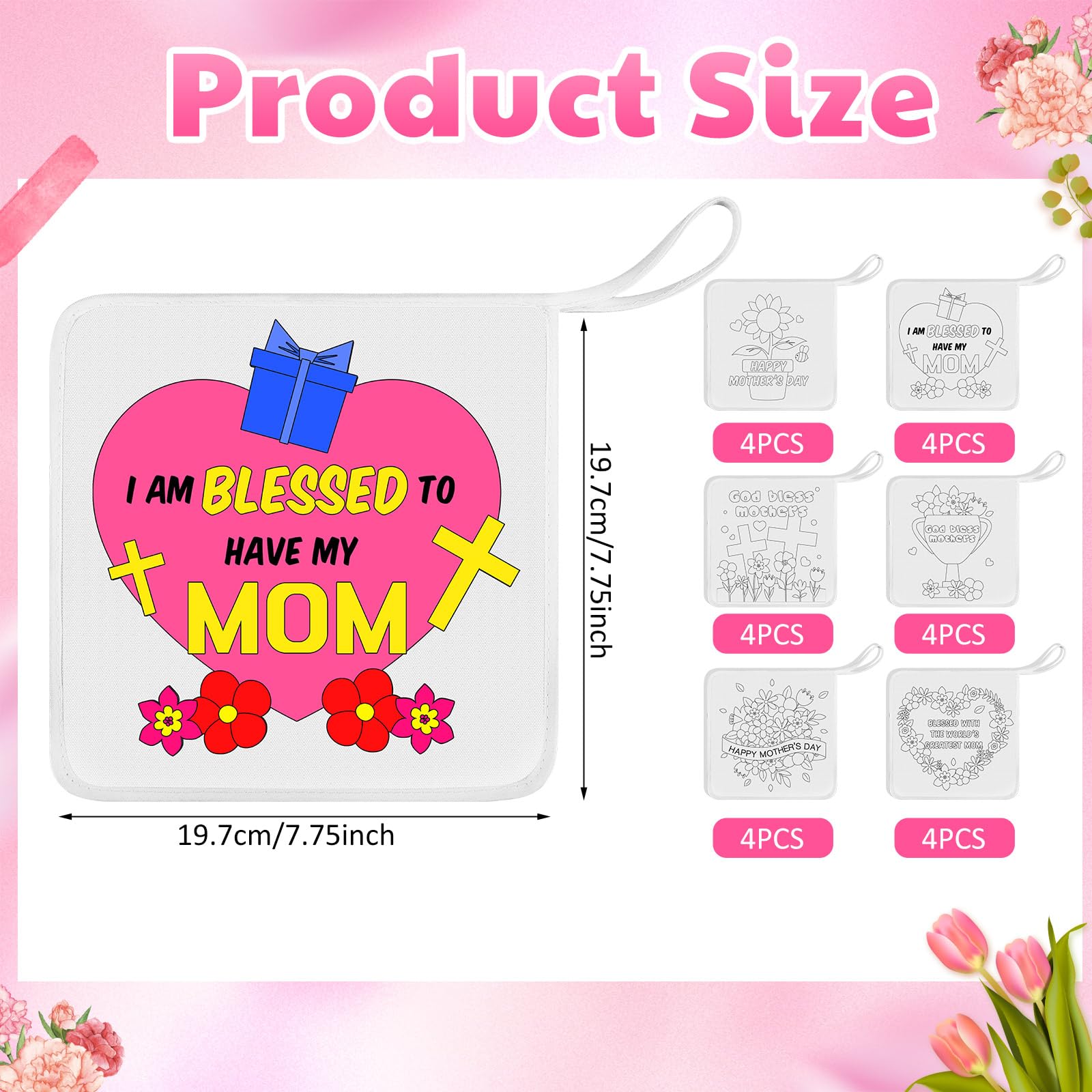 Willinglong 24 Set Color Your Own Blessed Mom Pot Holders Religious Mother's Day Kit from Kids to Mom Sunday School Crafts Fun Activities for Home Family Classroom Preschool