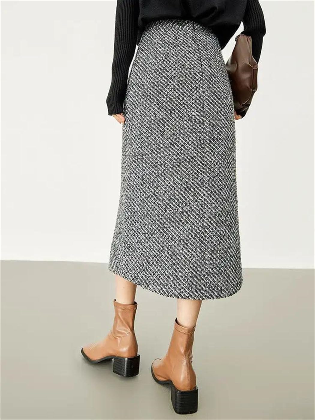 Women Tweed Maxi Skirt Button Down Split High Waist Trumpet Shape Elegant Office Long Skirt