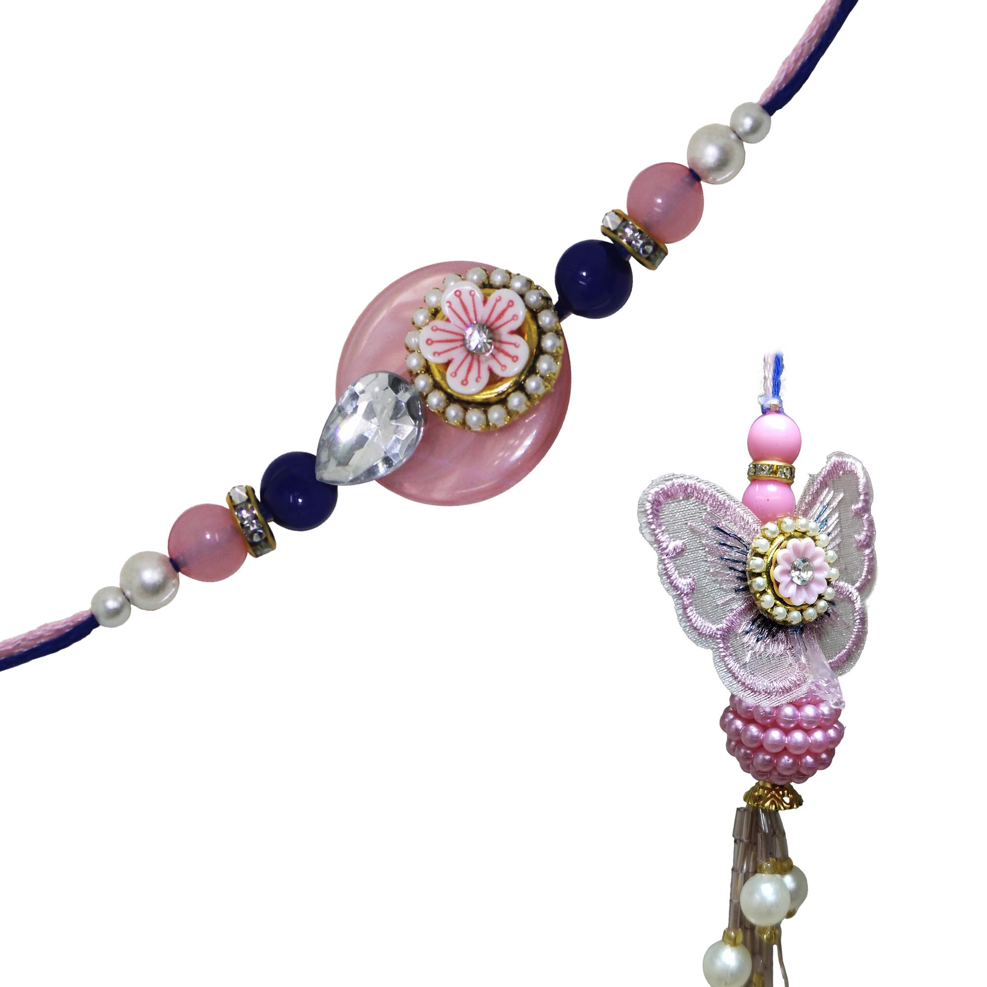 Festival Set of Rakhi for Brother, Bhabhi and Kids | Indian Jewelry Pearl Bracelet | Store Indya Pink Lumba Rakhi Set, Greeting Card and Roli Chawal | Elegant Butterfly and San Judas Tadeo Design