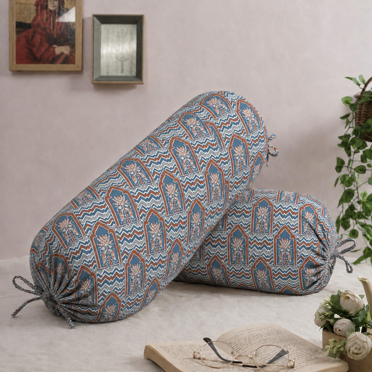 Trance Home Linen Premium 16x32 Inches 100% Cotton Bolster Covers with Tie Knot | Anti-Pill 200 Tc Thread Count | Dewan Bed Round Pillow Cover (Mihrab Blue - Pack of 2)-image-16