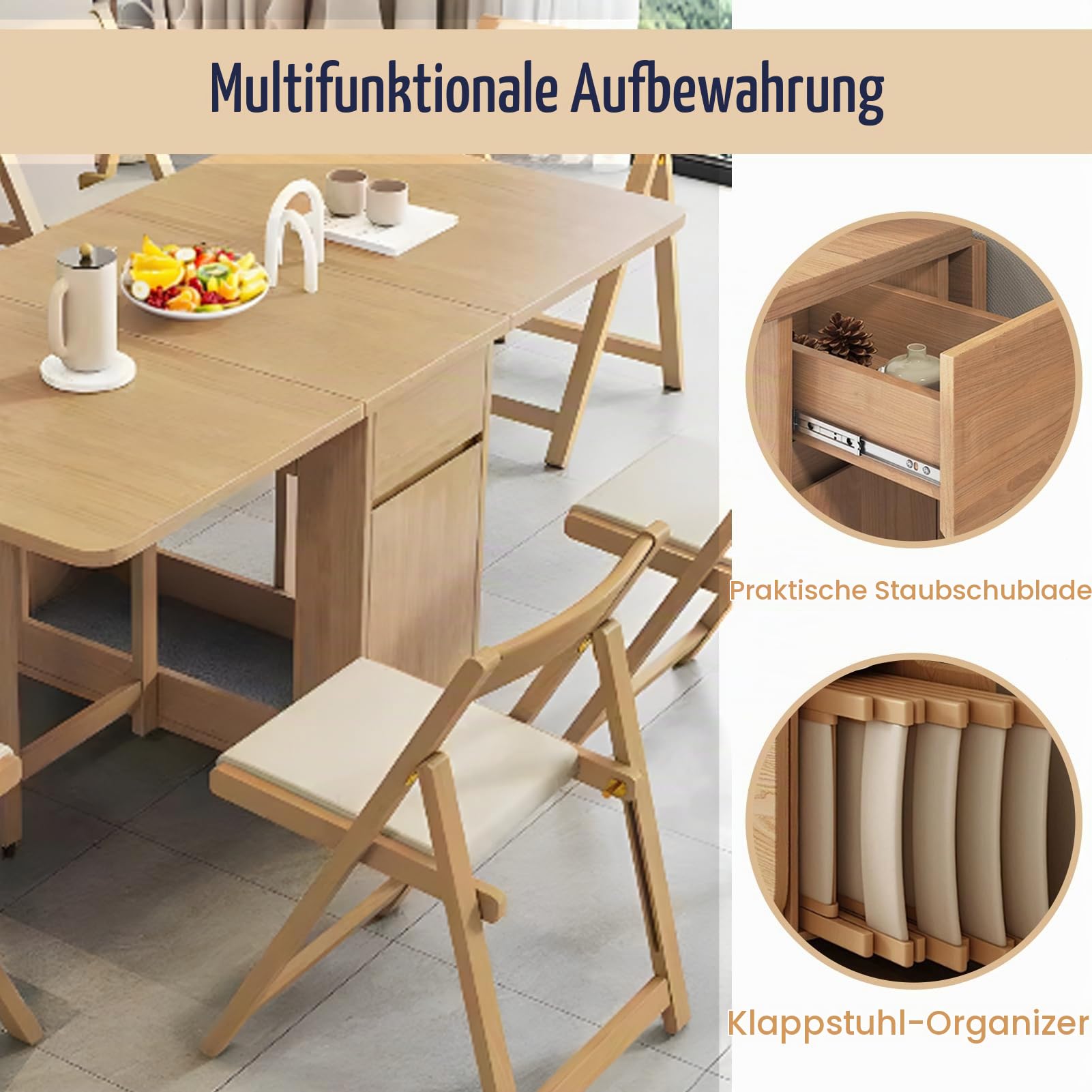 150cm Klappbarer Esstisch mit Stühlen Set, Holz Klapptisch, Holz
