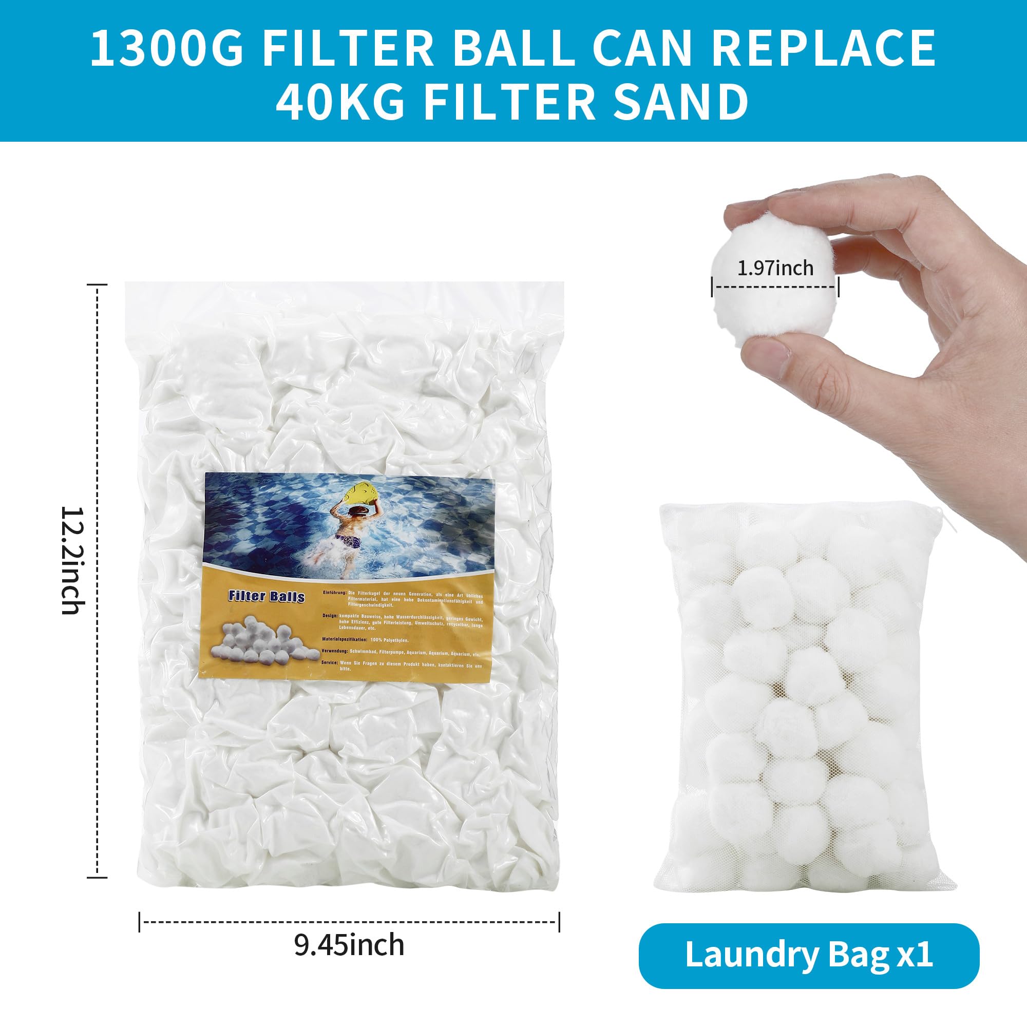 Balles Filtrantes,1300g Boule Filtrante Piscine réutilisable avec Filet à Linge,Peut remplacer 45kg de Filtration sur sableAquarium, Piscine filtres Accessoires