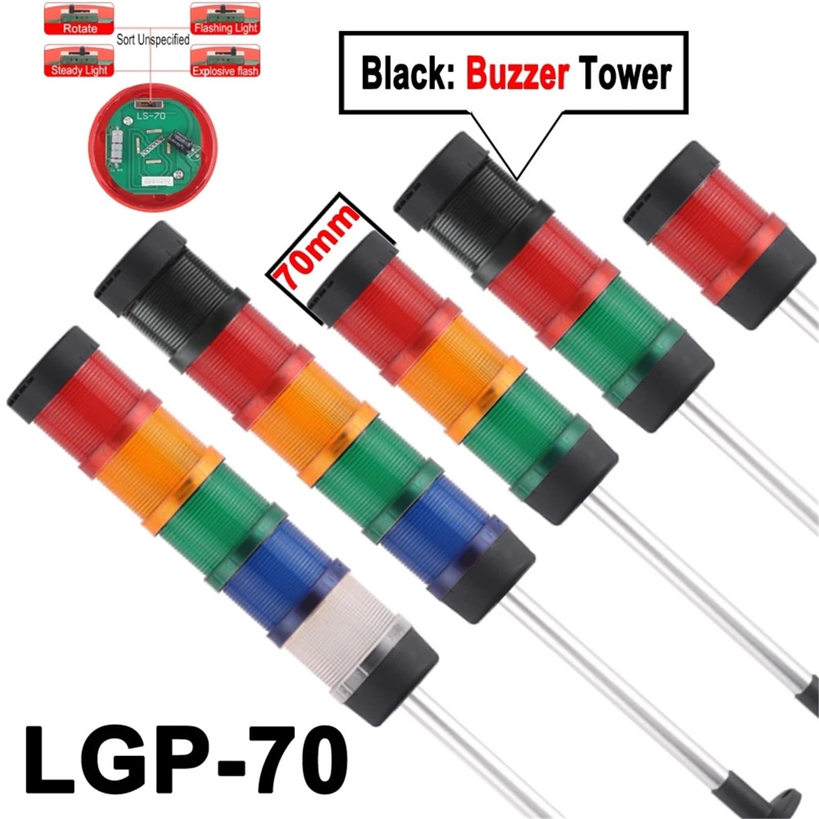 1 sztuk 70mm sygnał ostrzegawczy sygnał ostrzegawczy przemysłowa wieża światło ostrzegawcze stałe ostrzeżenie/lampa błyskowa/lampa LED obrotowa dla maszyny 24V220V brzęczyk (5 warstw, AC 110V