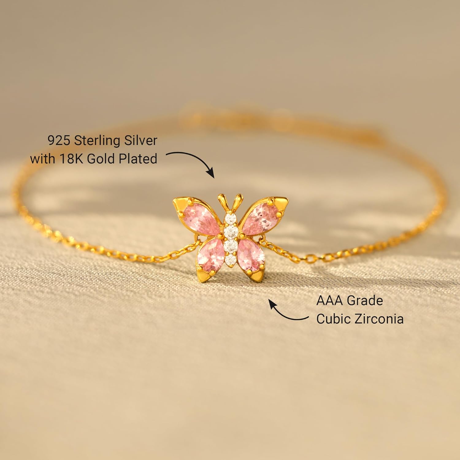 STORYJEWELLERY Sterling Silver Butterfly Bracelet, 18K Gold Plated Bracelets for Women, Dainty Charm Bracelet with Pink Cubic Zirconia, Butterfly Gifts for Women on Birthday Graduation Mother's Day - Image 3