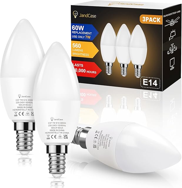 JandCase E14 LED Light Bulb 7W, E14 Candle Bulbs Small Screw, 60W Incandescent Equivalent, SES Small Edison Screw Candle Bulbs, Warm White 3000K, 560LM, Non-Dimmable, Pack of 3