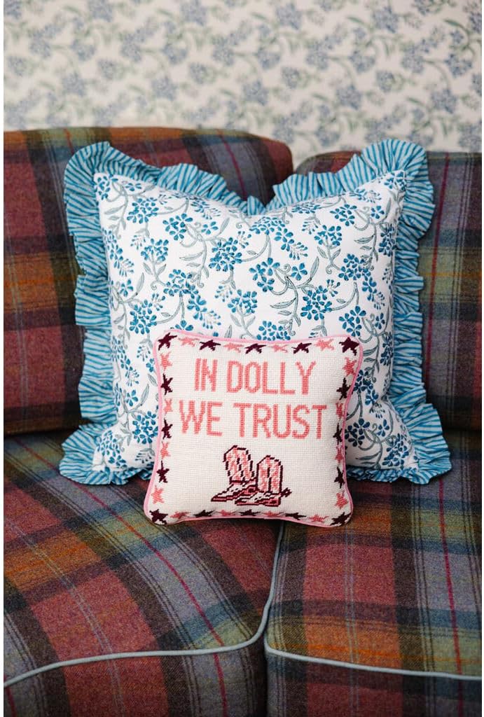 FURBISH Needlepoint Decorative Throw Pillow - Trust Dolly - 11" x 11" - Small Embroidered Accent Pillow for Bed, Chair, Couch, Sofa - Eclectic Home Decor