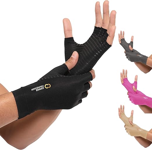 Copper Compression Arthritis Gloves | Fingerless Arthritis Carpal Tunnel Pain Relief Gloves For Men & Women | Hand Support Wrist Brace For Rheumatoid, Tendonitis, Swelling, Crocheting, Typing (M)