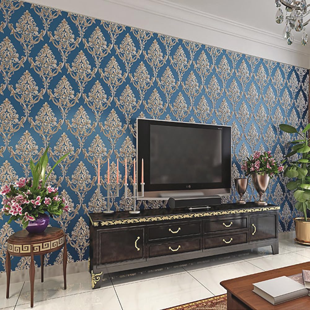 HimYKEA Victorian Pattern 3D Embossed Damask Style Wallpaper,Blue Main
