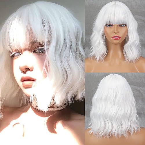 MISSQUEEN Short White Wig with Bangs Wavy White Hair Wigs for Women Synthetic Wavy Bob White Shoulder Length Wigs Natural Looking Heat Resistant Fiber Wig for Daily Party Cosplay Use