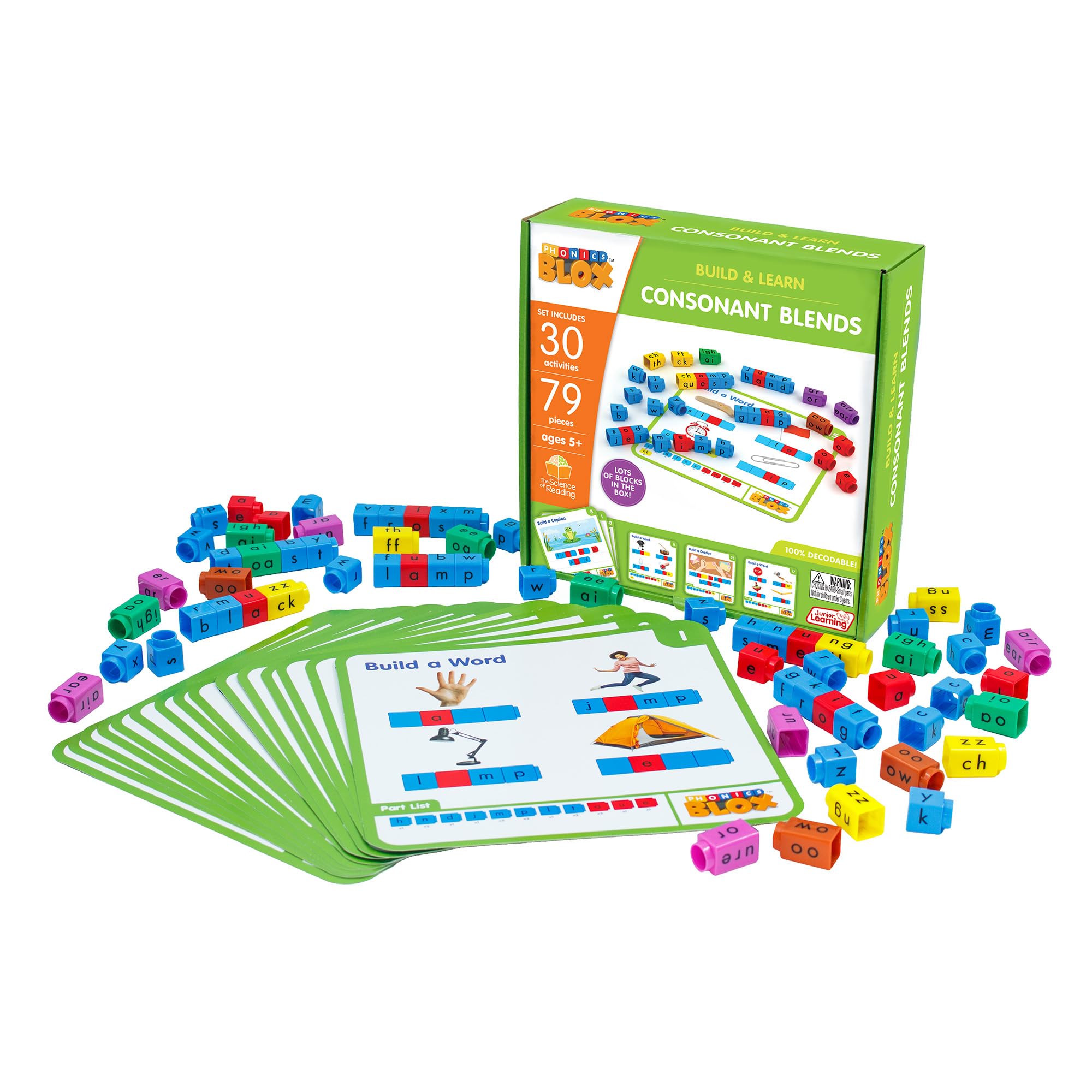 Junior Learning: Rainbow Phonics Blox: Consonant Blends - Phase 4 - Build & Learn, 30 Activity Cards, Color Coded Blocks, Reading Development, Kids 5+