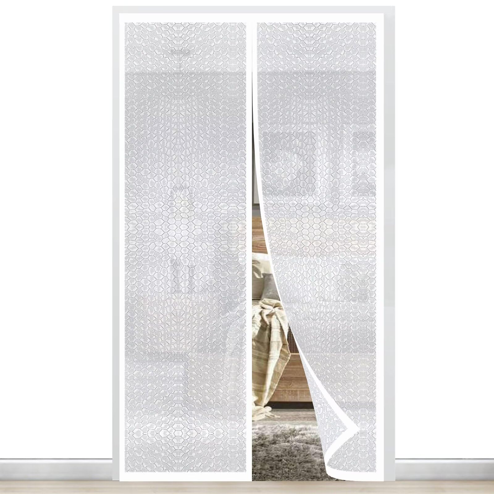 Cortina Magnética de Aislamiento Térmico para Puertas 70 x 100 cm, EVA Translúcido Cortina Puerta Magnética，Cierre magnético de la cortina autoaislada,No es necesario perforar,Blanco