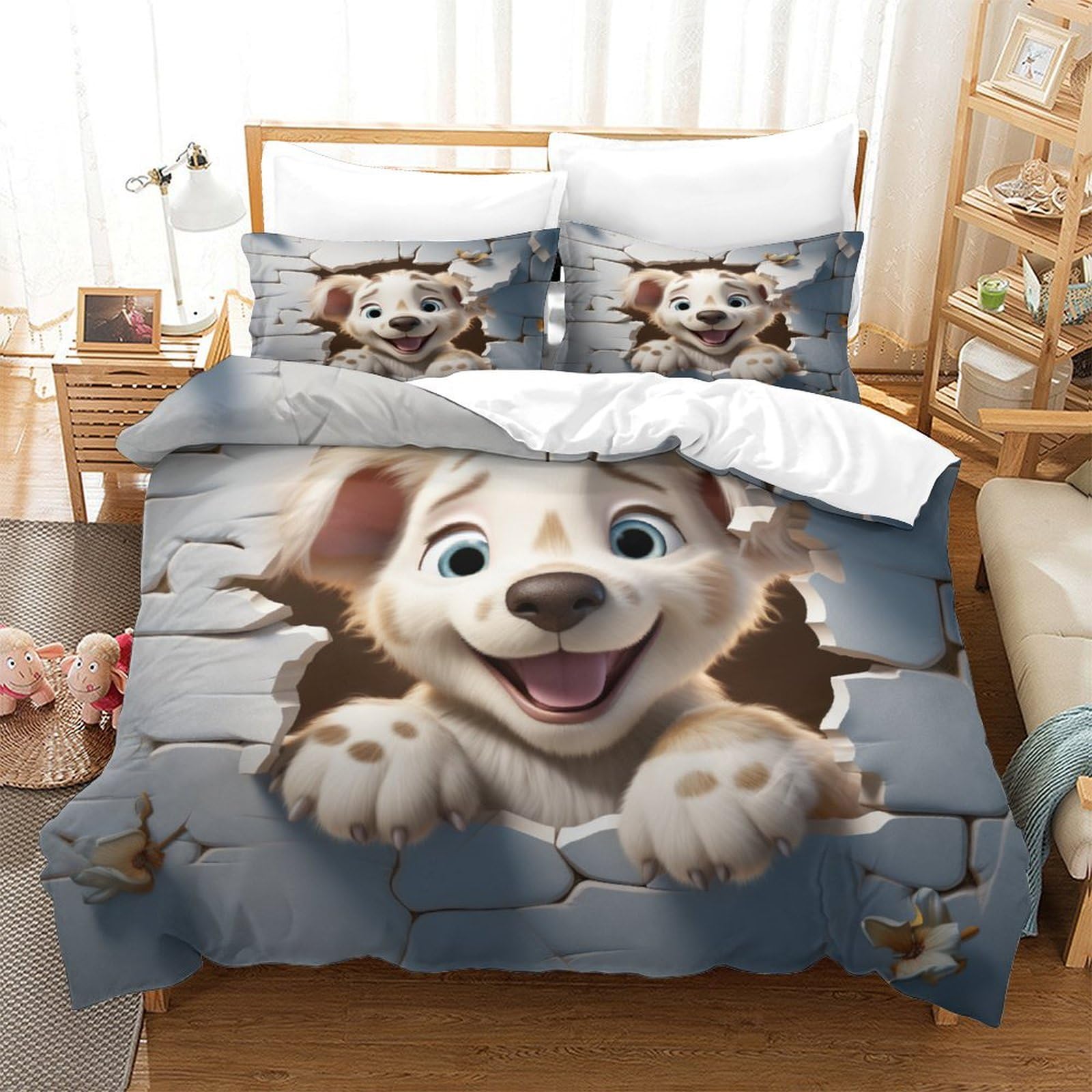 P1S9U7W5Y Cute Cartoon Puppy Design 3D Printed Duvet Cover Set 3 Pieces Microfiber Soft Bedroom Animal Bedding Set for Adults Teens Room Décor Double（200x200cm）