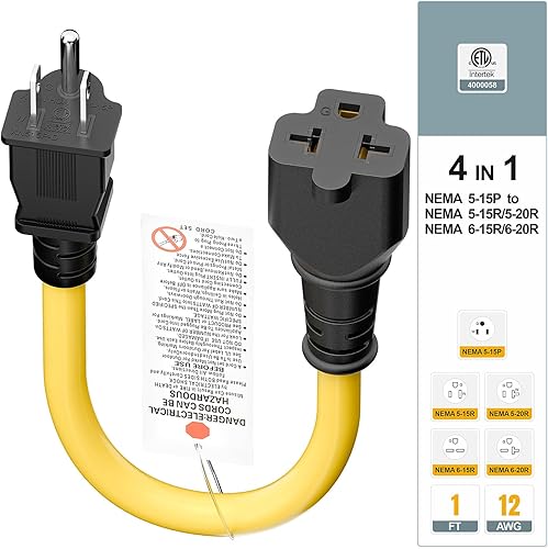 Miniatura 8 de 4 en 1 Cable adaptador de CA para el hogar de 12 AWG de 15 amperios a hoja T de 20 amperios, NEMA 5-15P a 5-15R 5-20R 6-15R 6-20R, adaptador de CA 4