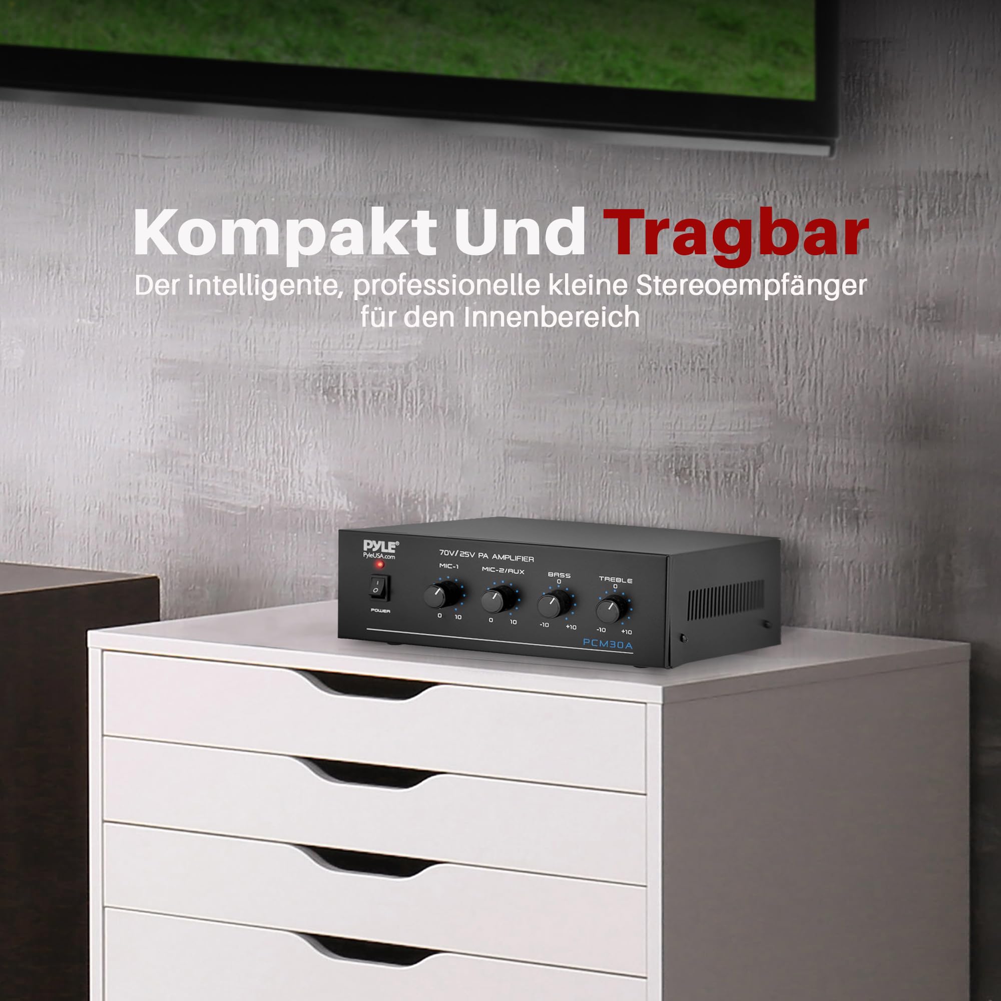Pyle PA-Verstärker – 60W Bluetooth Amp mit 25/70V-Ausgang & 2 Mikrofoneingängen | Mit Bass-/Höhenregler, AUX & RCA, Ideal für Hintergrundmusik & Durchsagen in mehreren Räumen