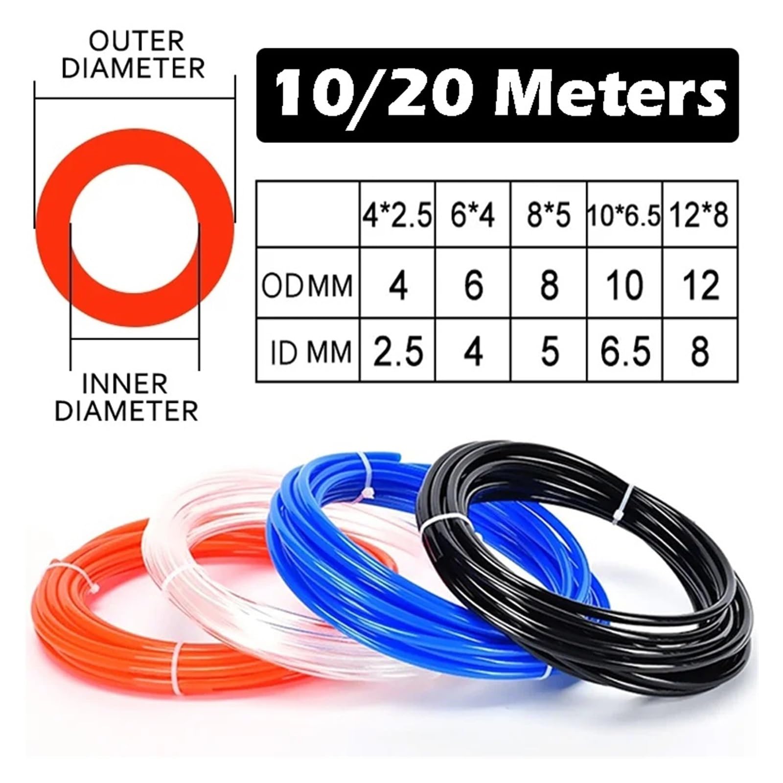 Manguera de poliuretano for componentes aire (10/20 metros, 4 mm, 6, 8, 10 y 12 mm) for compresores neumáticos(Transparent 10m,12x8mm)
