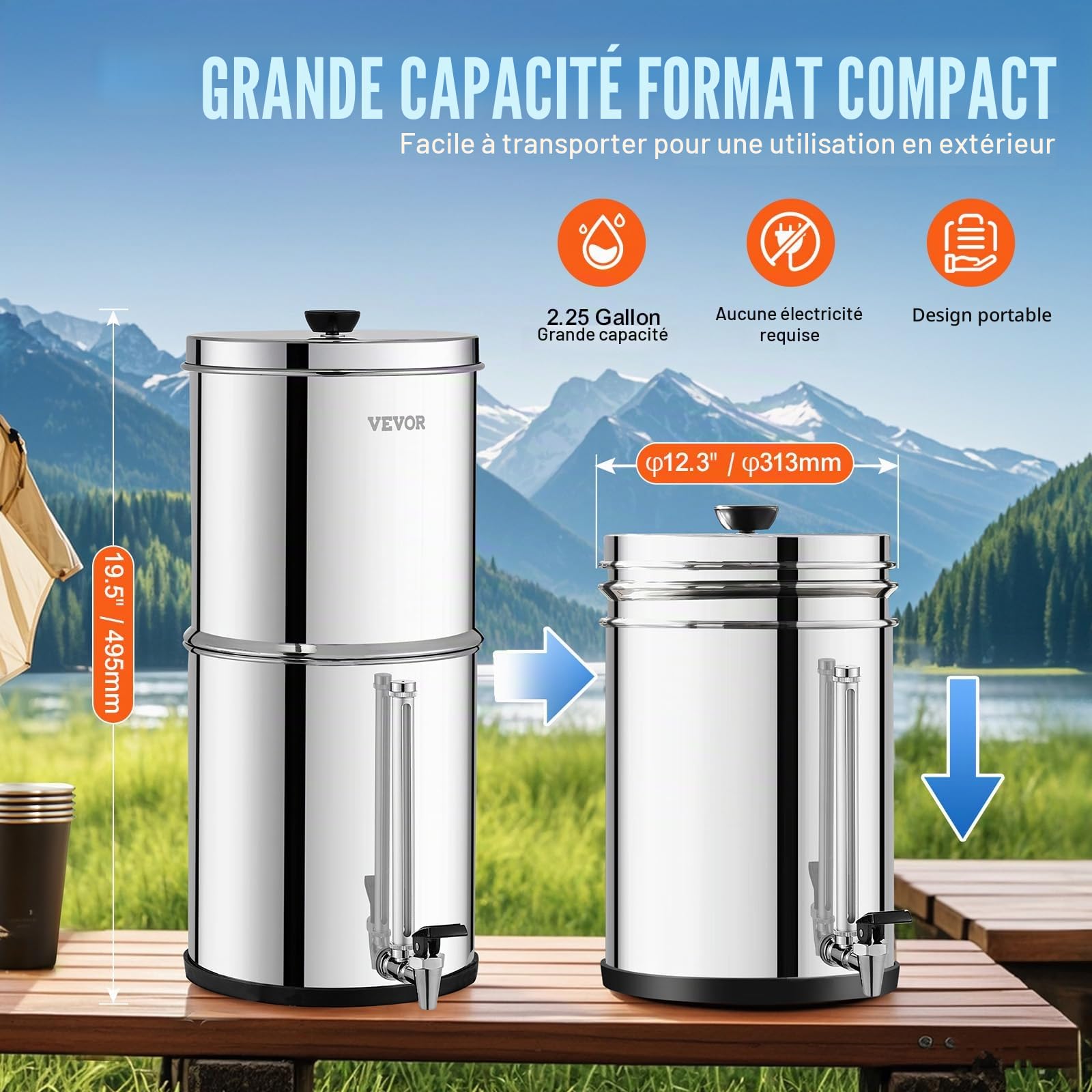 VEVOR Système de Filtration d'Eau par Gravité 8,5 L, Filtre à Eau par Gravité Réduction du Plomb et jusqu'à 99% du Chlore, en Inox 304, avec 2 Filtres à Charbon, Robinet et Niveau d’Eau, Camping
