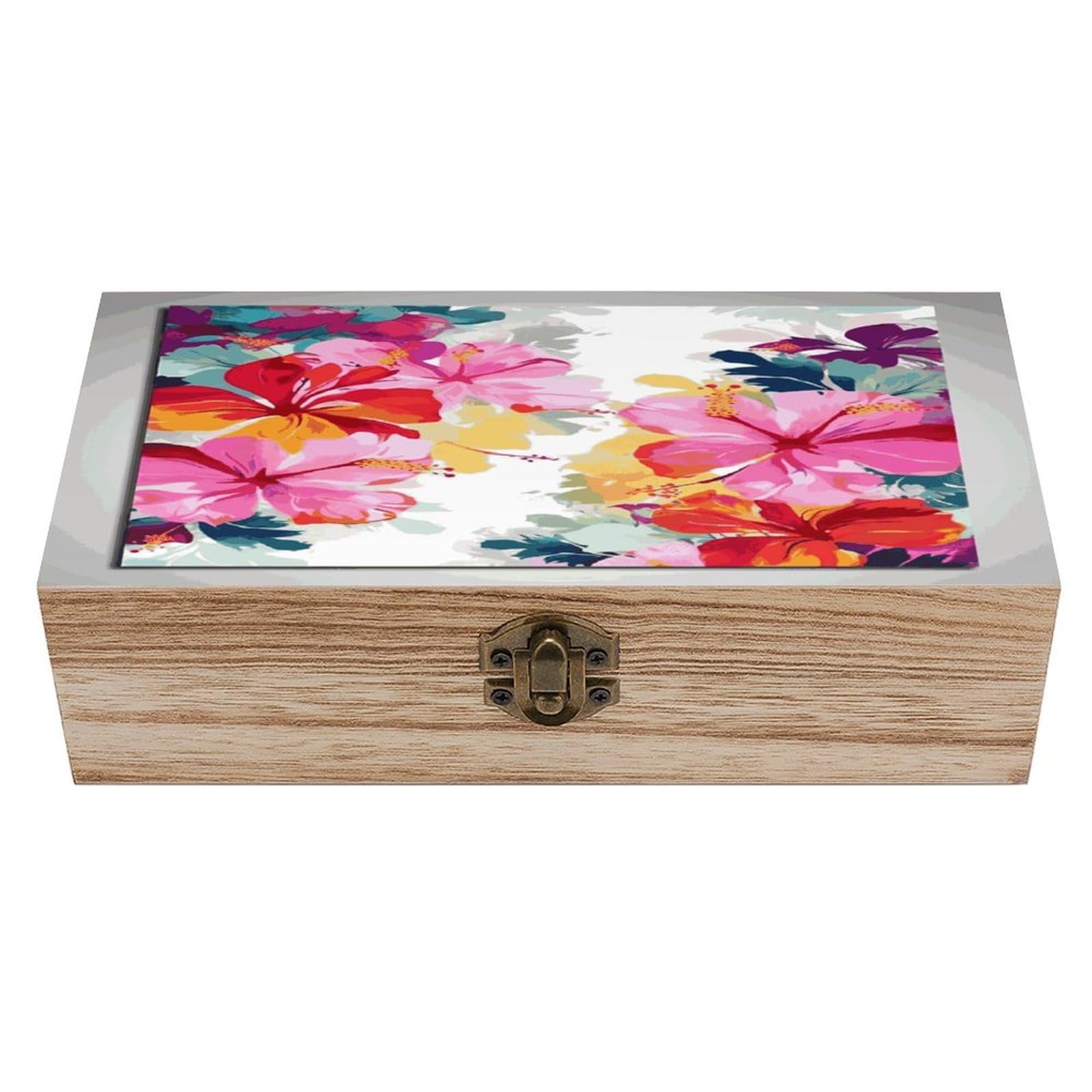 Btcowzrv Style Hawaiian Flower Print Wooden Storage Box, Keepsake Box With Hinged And Retro Lock, Wood Jewelry Organizer For Photos & Mementos And Home Decor