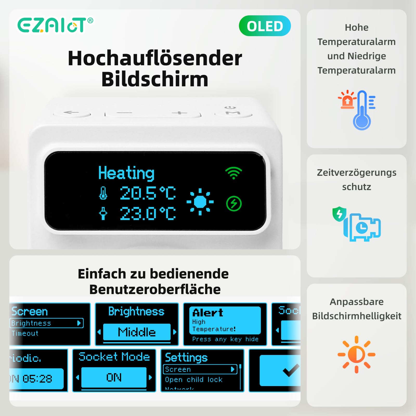 Steckdosen-Thermostat WLAN - Heizung/Kühlung und Zeitschaltuhr mit 3m und 5cm Fühler, Digitaler Temperaturregler für Gewächshäuser, Aquarien, 230V, OLED Bildschirm