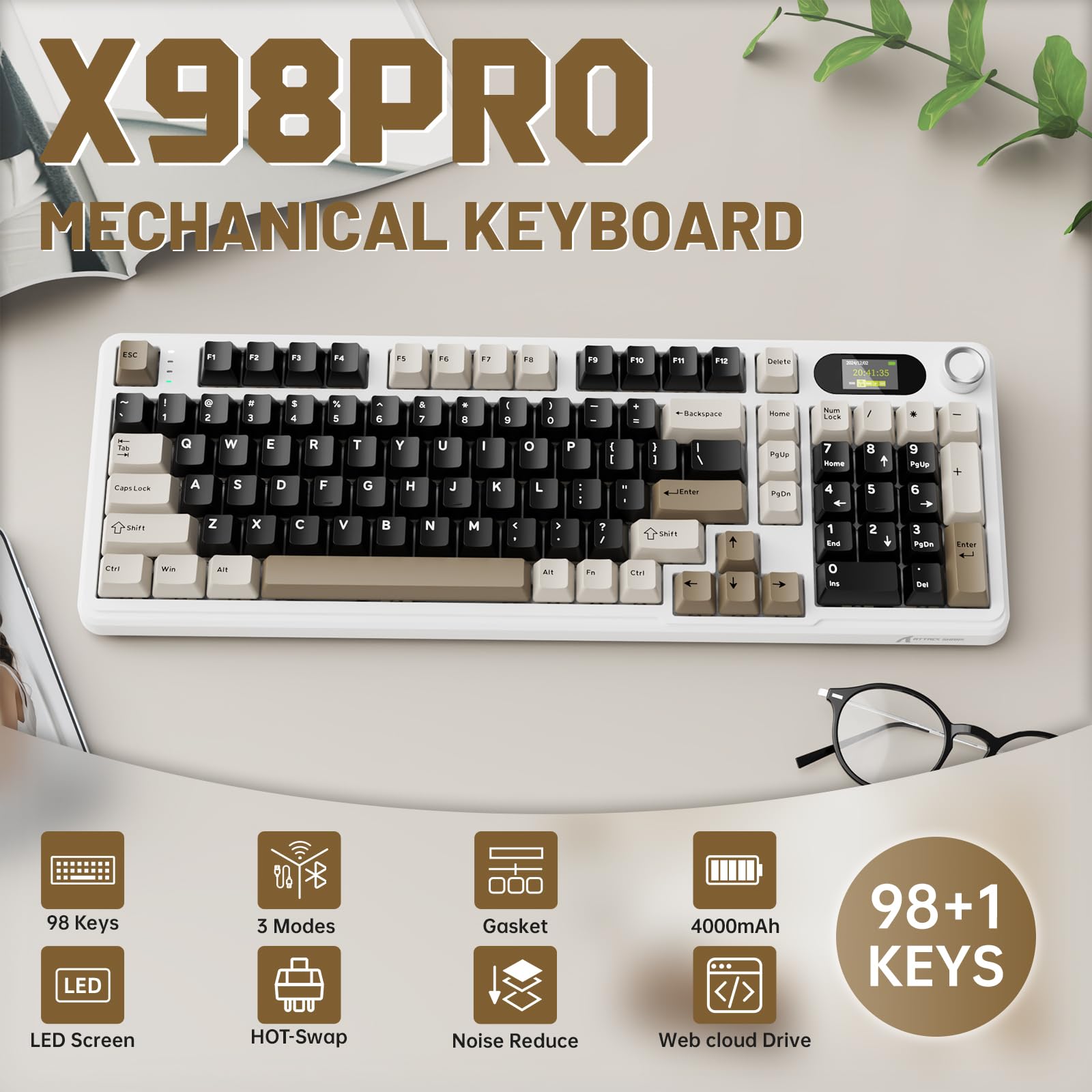 MAMBASNAKE × ATTACK SHARK X98 Pro Tastiera Gaming Wireless 96%, Display LED & Manopola, BT/2.4G/USB-C, Tastiera Meccanica RGB QWERTY, PBT Side-Printed, Hot-Swappable Gasket, 4000mAh(Bianco Marrone)