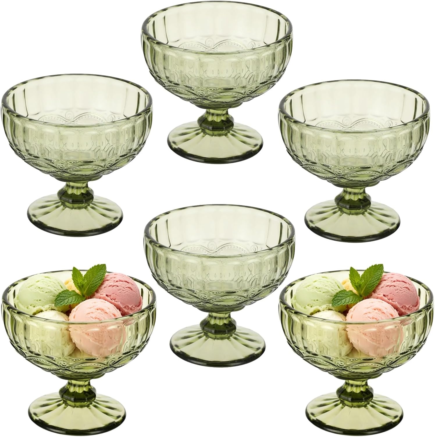 6 Pcs Glass Ice Cream Bowls, 12.2 oz Vintage Pressed Pattern Glass Dessert Bowls, Elegant Tulip Shape, Footed Crystal Cups for Snacks, Fruits, Appetizers, Home Party Bar Restaurant Use (Green)