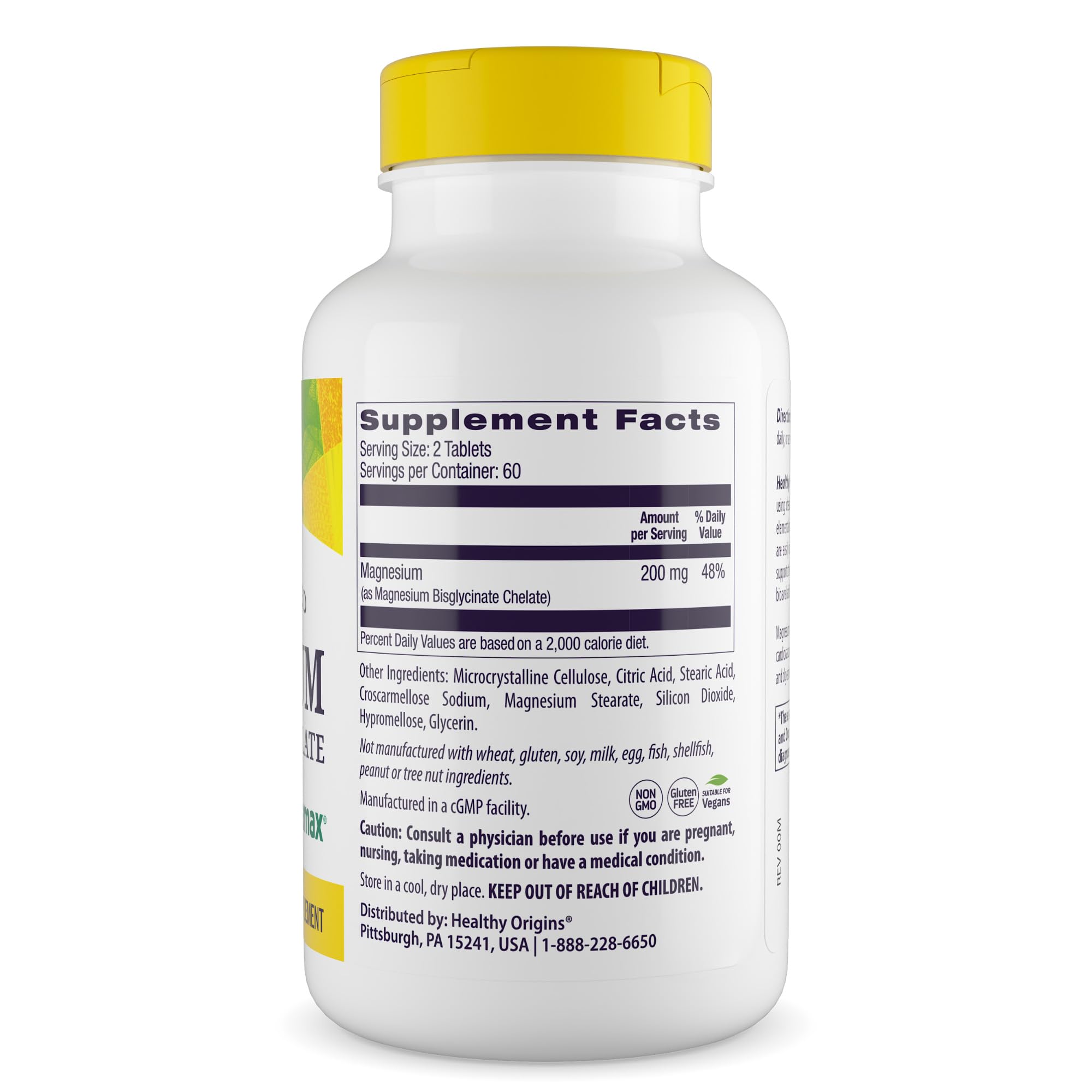 Healthy Origins, Magnesiumbisglycinat, 200mg de Magnésium, 120 Comprimés végétaliens, Végétarien, Sans Gluten, Sans Soja, Sans OGM