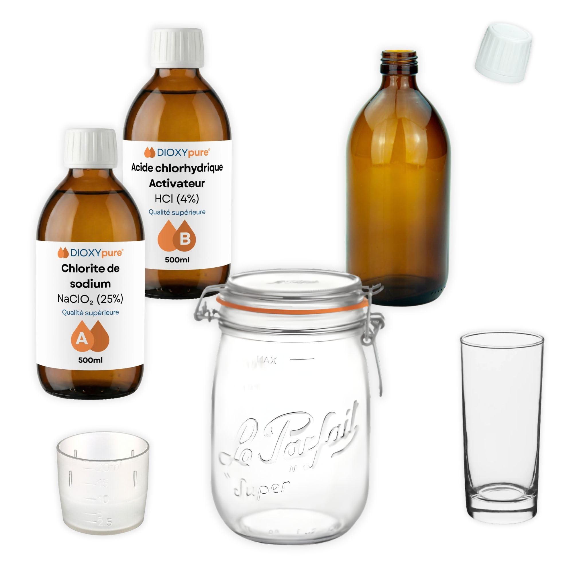 Dioxyde de Chlore - Kit de Production Complet Méthode Bocal - Chlorite de Sodium 25% et Acide chlorhydrique 4% - Fabrication du CDS (réactifs + Accessoires)