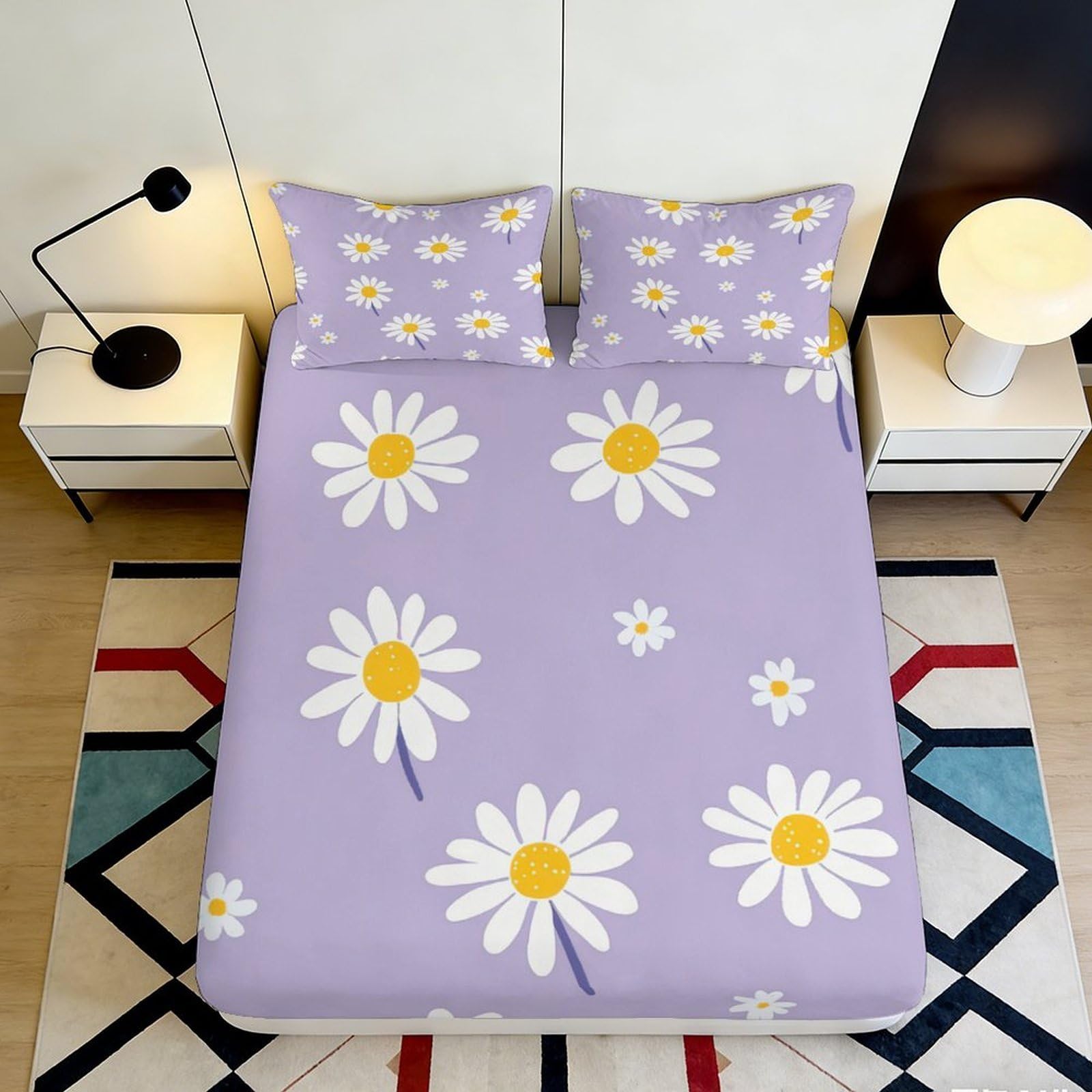 3D Printed Daisy Fitted Sheet Microfiber Deep Pocket Bedroom Bedding Daisy Mattress Fitted Cover Washable 90x200x25cm 90x200x25cm