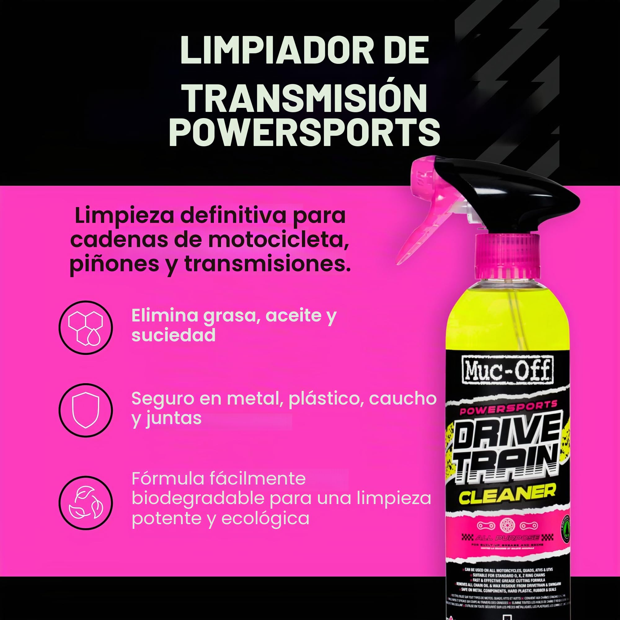 Muc-Off Limpiador de Transmisión de Moto y Desengrasante de Cadena de Moto, 500 ml - Limpia Cadenas de Moto Desengrasante, Biodegradable y Eficaz - Apto para Todo Tipo de Motos