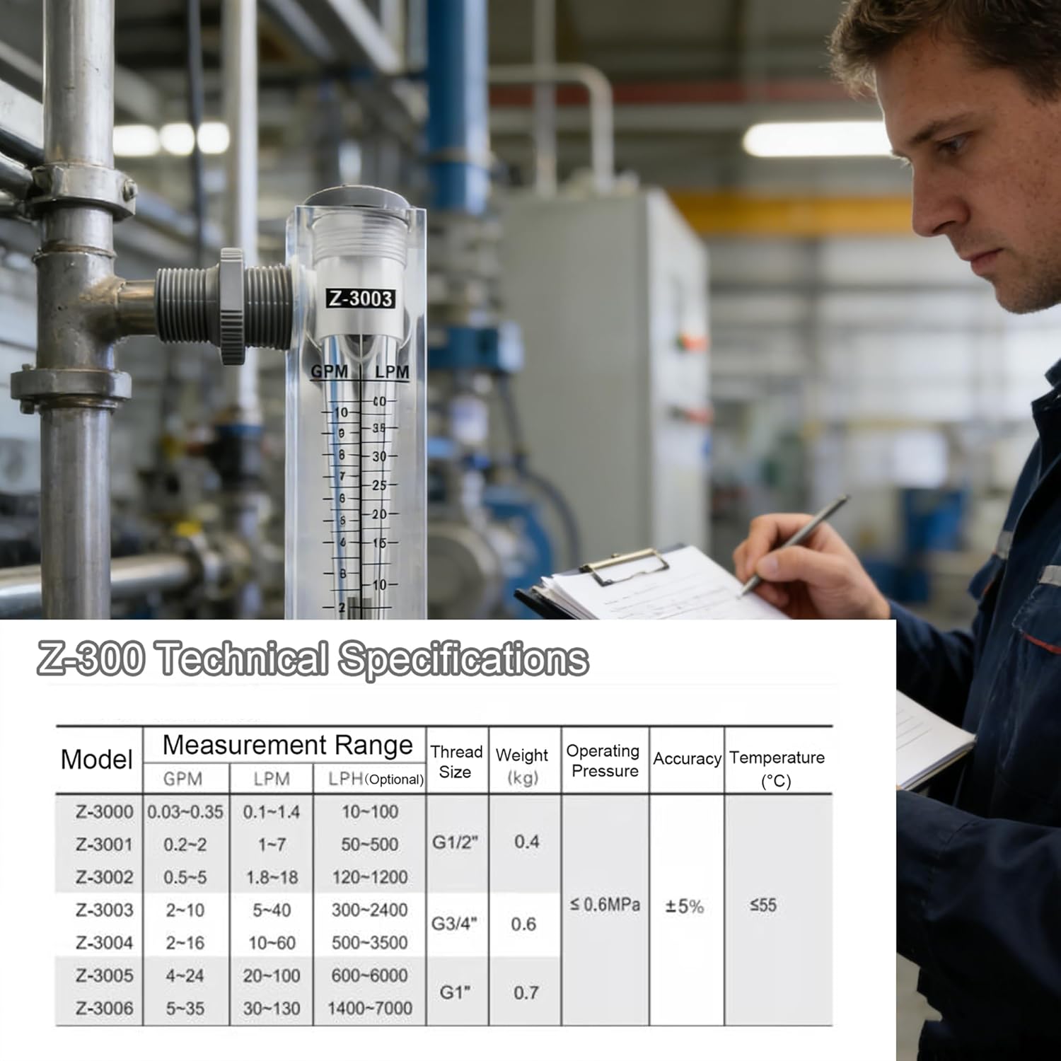 Panel Flow Meter Z-3000/3001/3002/3003/3004/3005/3006, 1-Pack, G Thread, Clear Acrylic Body for Oil/Water Measurement Z-3002 (Male G1/2)