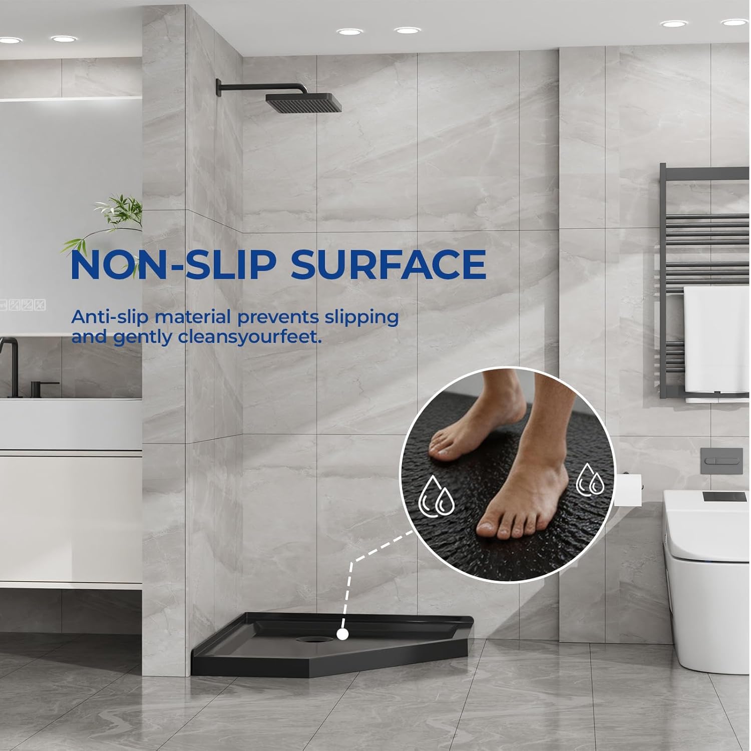 36 in. Corner Drain Neo-Angle Shower Base Black, Low-Profile Bathroom Shower Pan, 36x36 Size, No Drain Kit