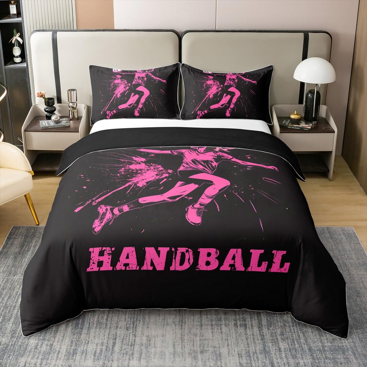 Homewish Ballspiele Baumwolle bettbezug Set für Kinder Jungen Mädchen Handball Bettwäsche 135x200cm Ink Splash Graffiti Schwarz Rosa Bettwäscheset bettset zimmerdekor weich 2 teilig