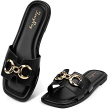 Womens Flat Sandals Metal Chain Slip On Dressy Slide Sandals Square Toe Summer Casual Beach Vacation H-Band Sandals
