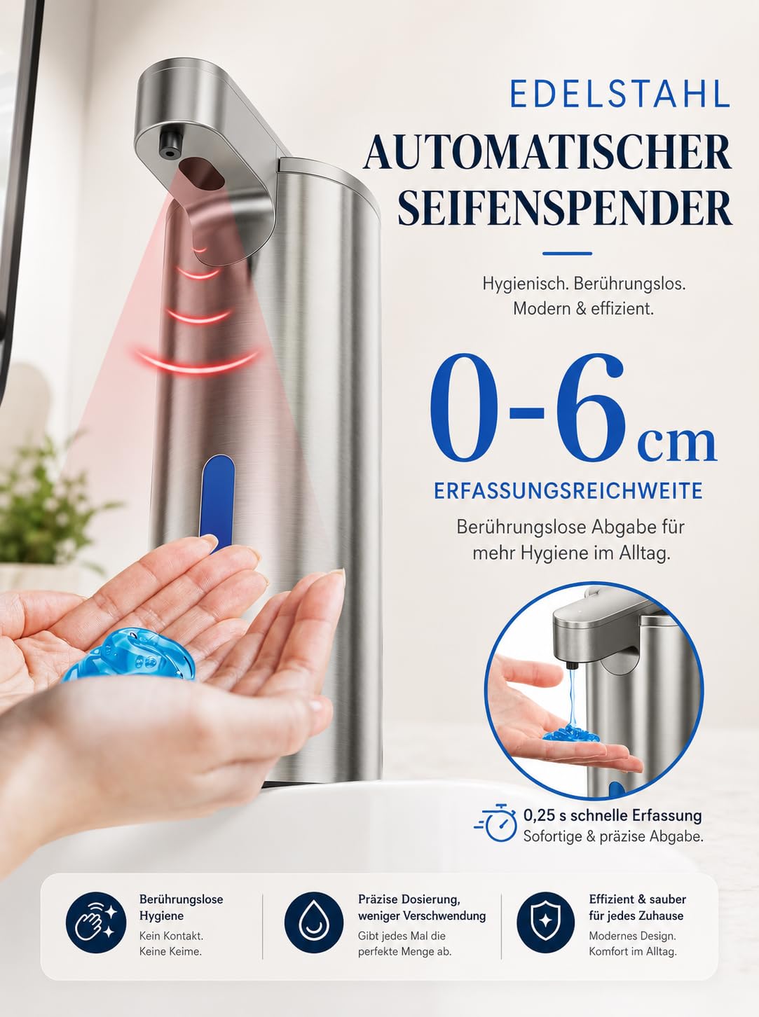Fantictas Seifenspender Automatisch Edelstahl, USB-C, 3 Dosierstufen | Berührungsloser Sensor, 2000mAh USB-C Akku,IPX4 Spritzschutz, SUS304 Edelstahl für Bad Küche Büro，Flüssigseife
