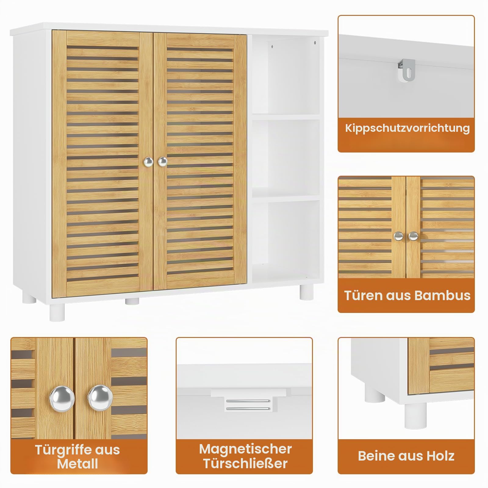 Badezimmerschrank, Unterschrank Badkommode, Badschrank mit Doppeltüren aus Bambus, 3 offene Fächer, Freistehender Beistellschrank für Badezimmer, Wohnzimmer und Küche, 77 x 30 x 80 cm