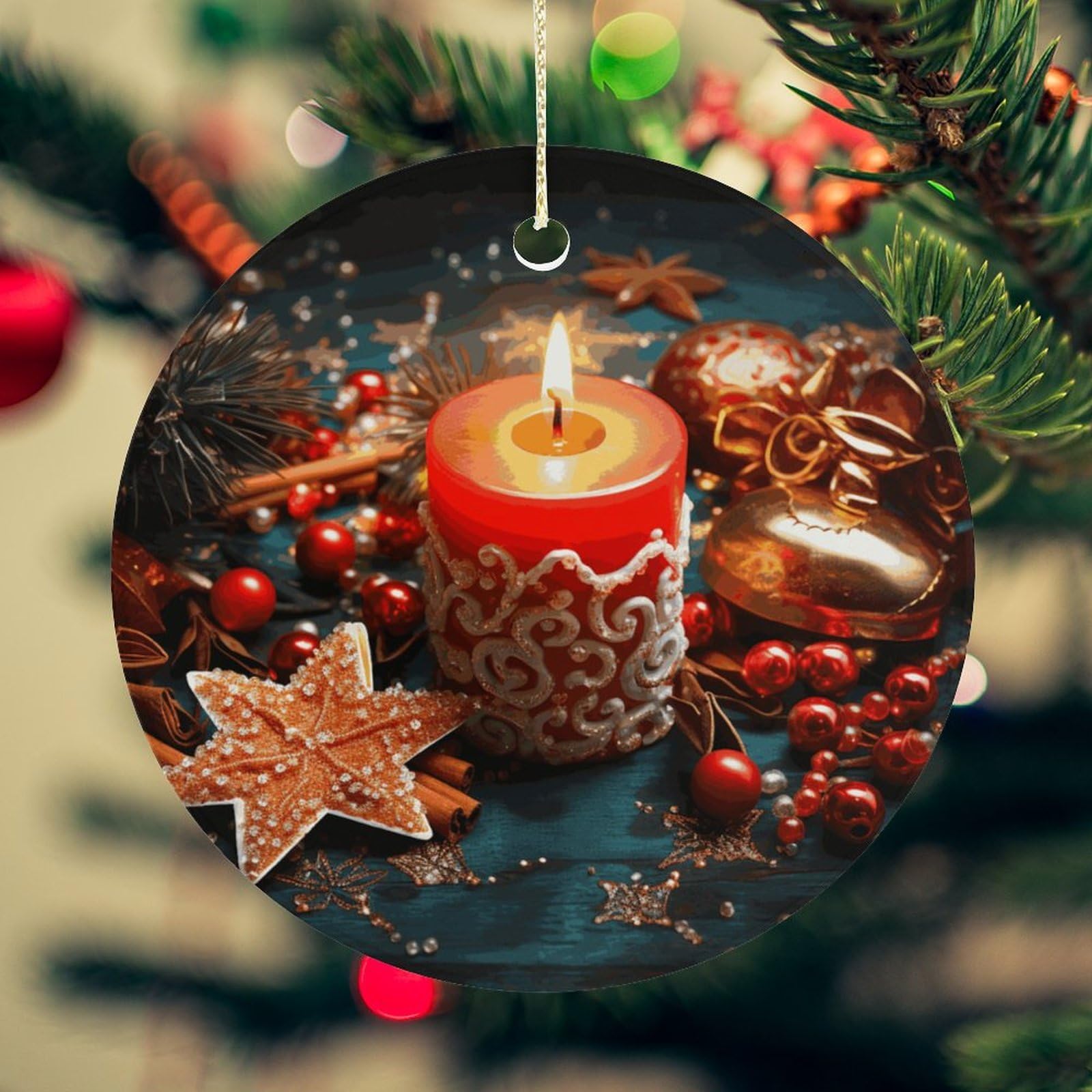 Christmas Candle Christmas Ornament for Christmas Tree Ceramic Round Ornament Winter Holiday Keepsake Gift 2.7" Christmas Tree Hanging Decorations Circle Ceramic Pendant Xmas Gift
