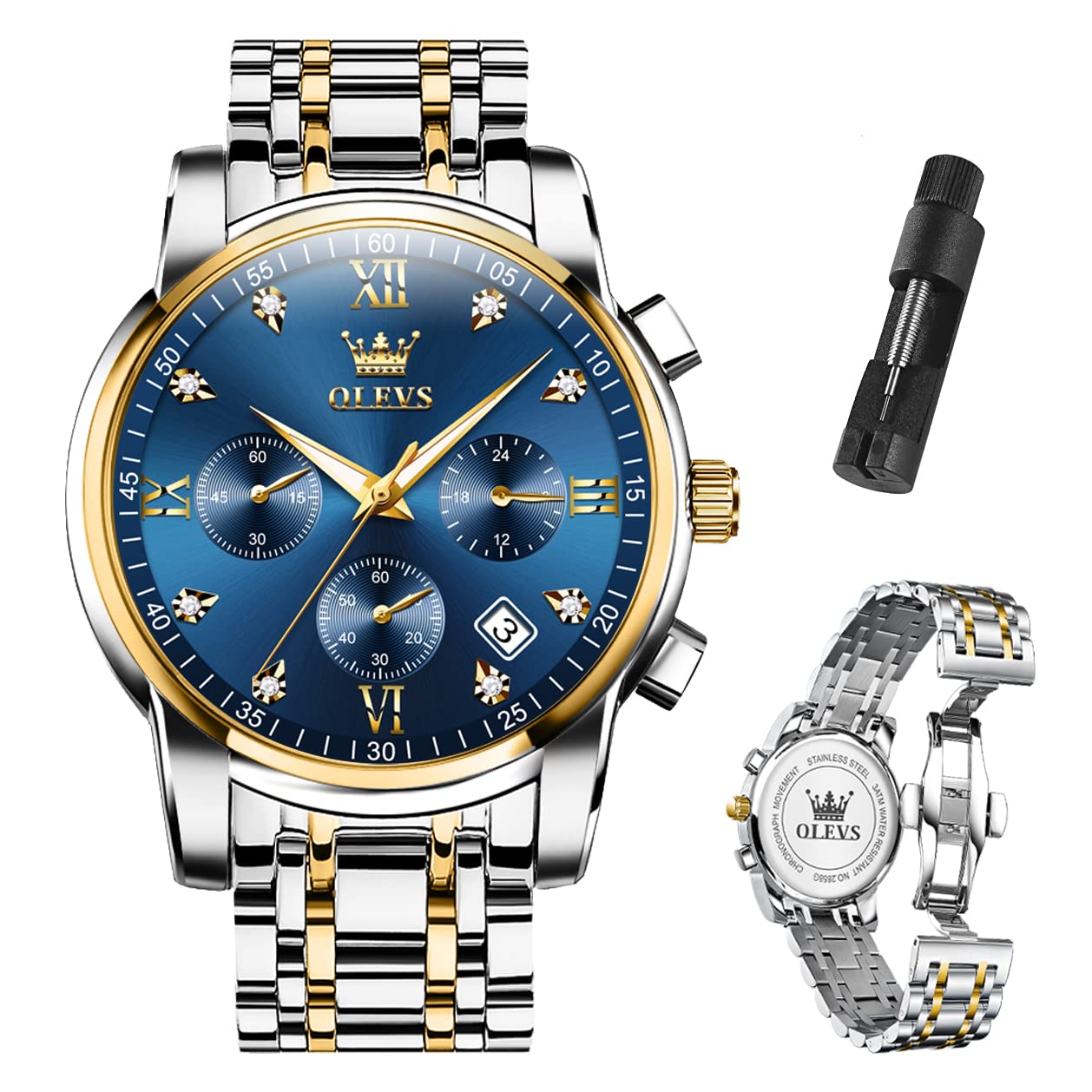 OLEVSMen's Luxury Watch Waterproof Luminous Easy Read Chronograph Watches Full Gold/White Dail/Black Face with Calendar Wristwatch