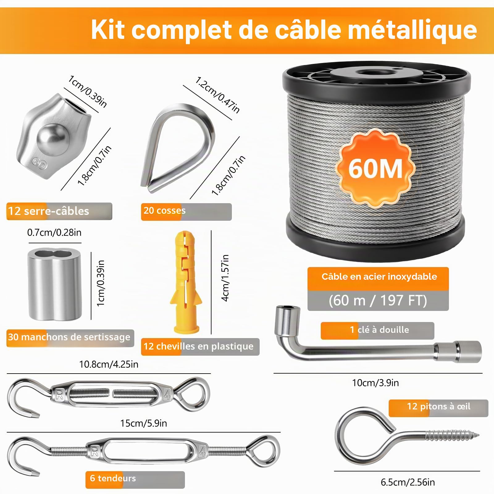 60M 2MM Corde en Acier Inoxydable à Suspendre Kit, Câble en Acier Inoxydable Revêtu pour Plantes Grimpante, Extérieur Suspension, Corde a linge, Lustre D'ExtéRieur
