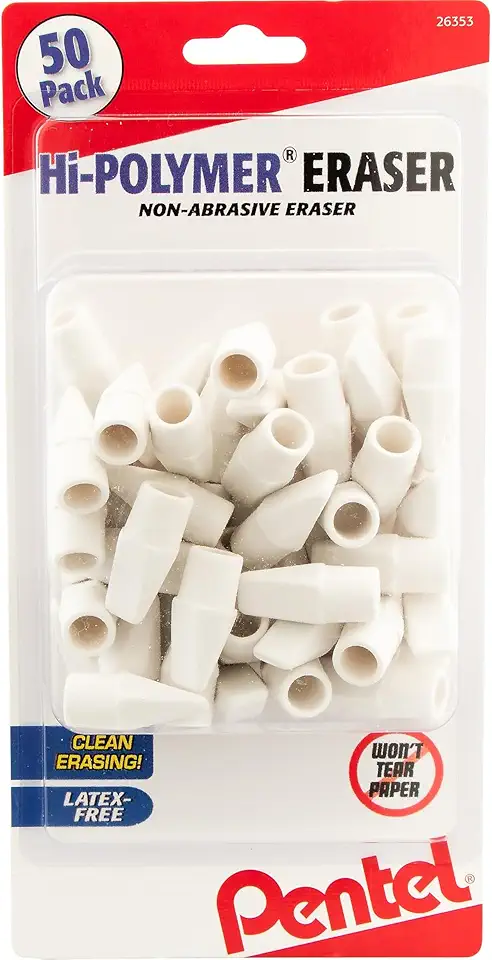 Pentel Hi-Polymer Cap Eraser, White, 50/Pack