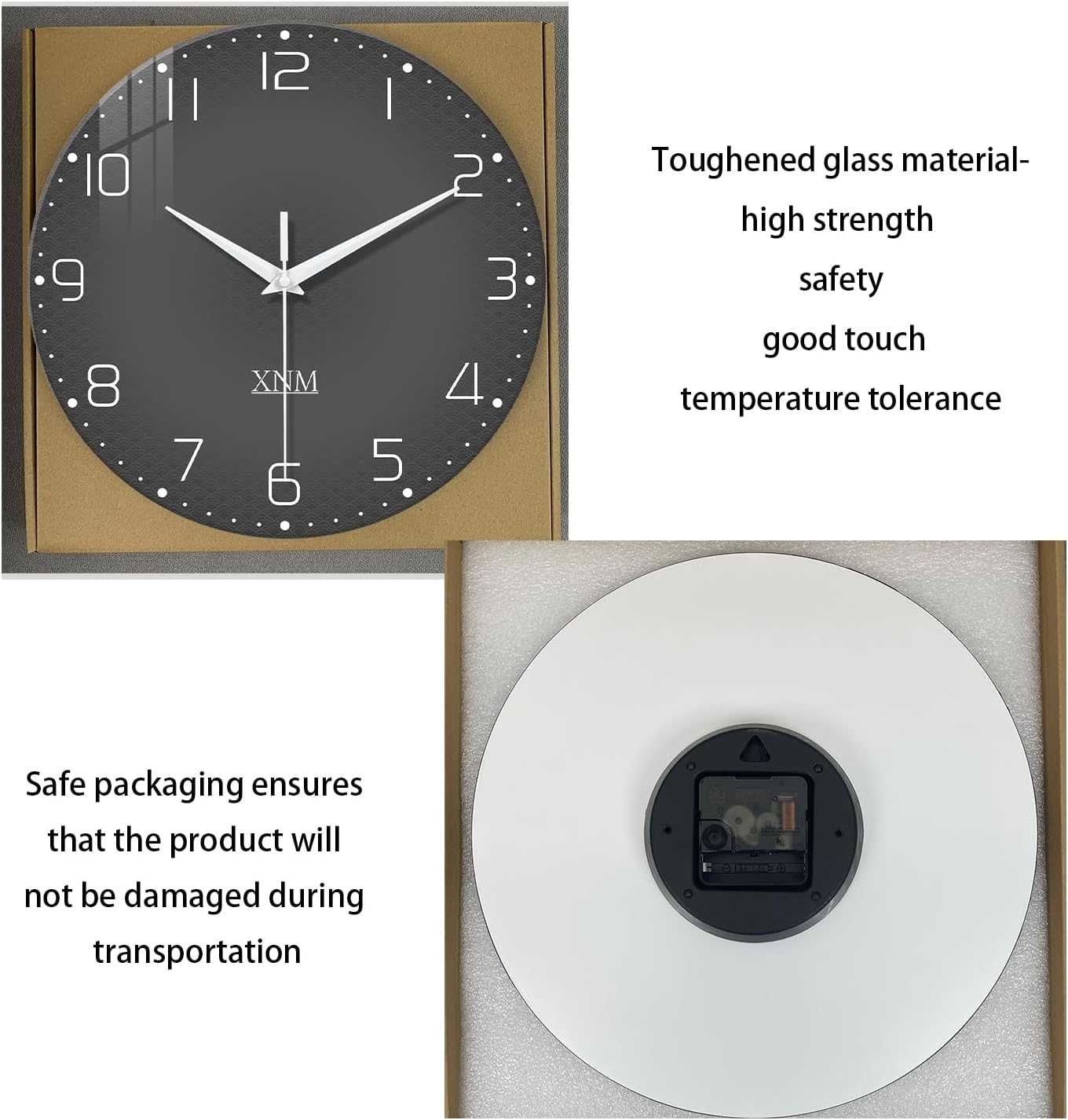 XNM Dark Grey Wall Clock for Bedroom Glass Modren Simple Wall Clock Battery Operated 14 Inch Minimalist Silent Clock Analog