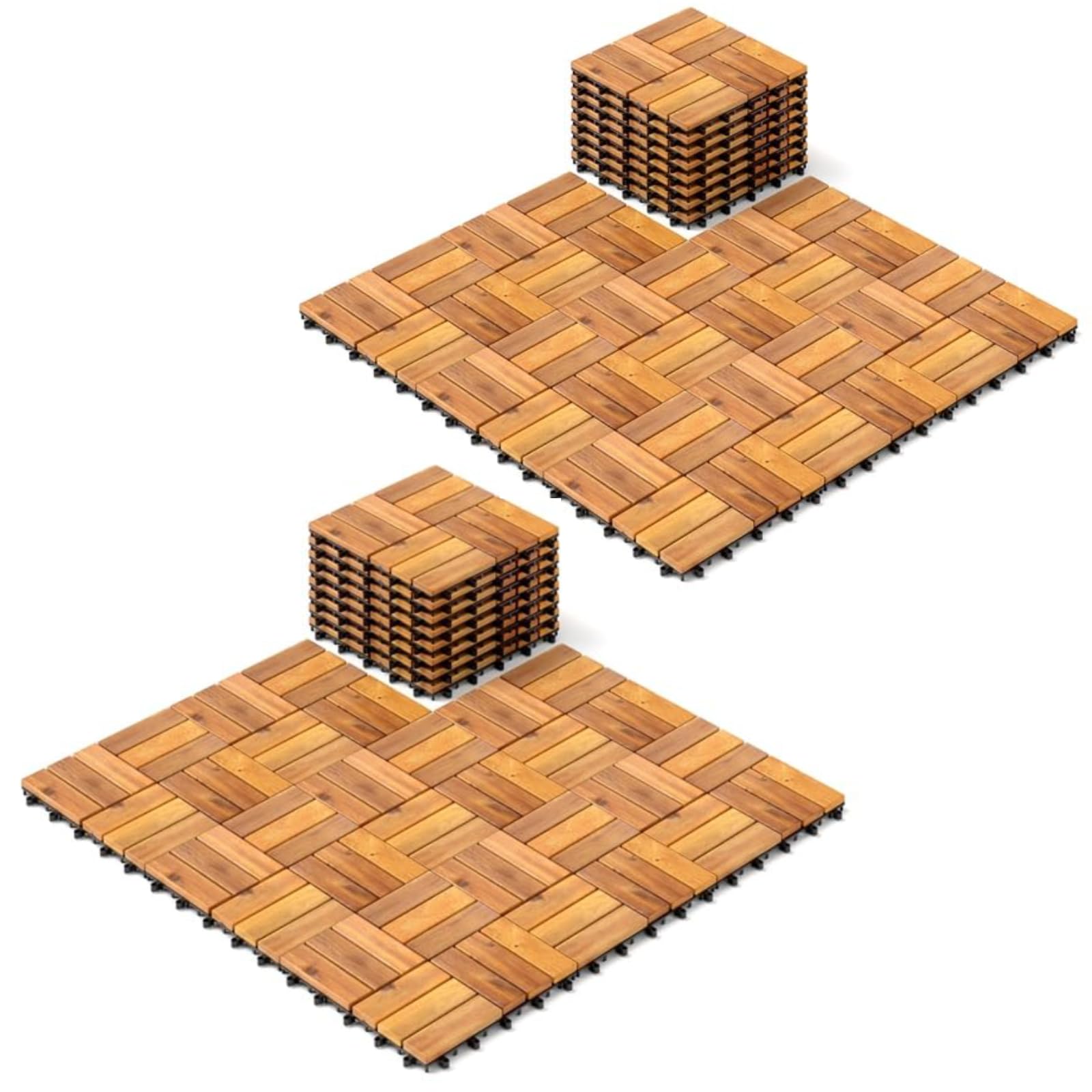 TANGZON Acacia Wood Deck Tiles, 30 x 30 cm Interlocking Patio Flooring with Click System & Drainage Base, Wooden Floor Tiles for Balcony Garden Indoor(54PCS, Parquet Pattern - Warm Brown)